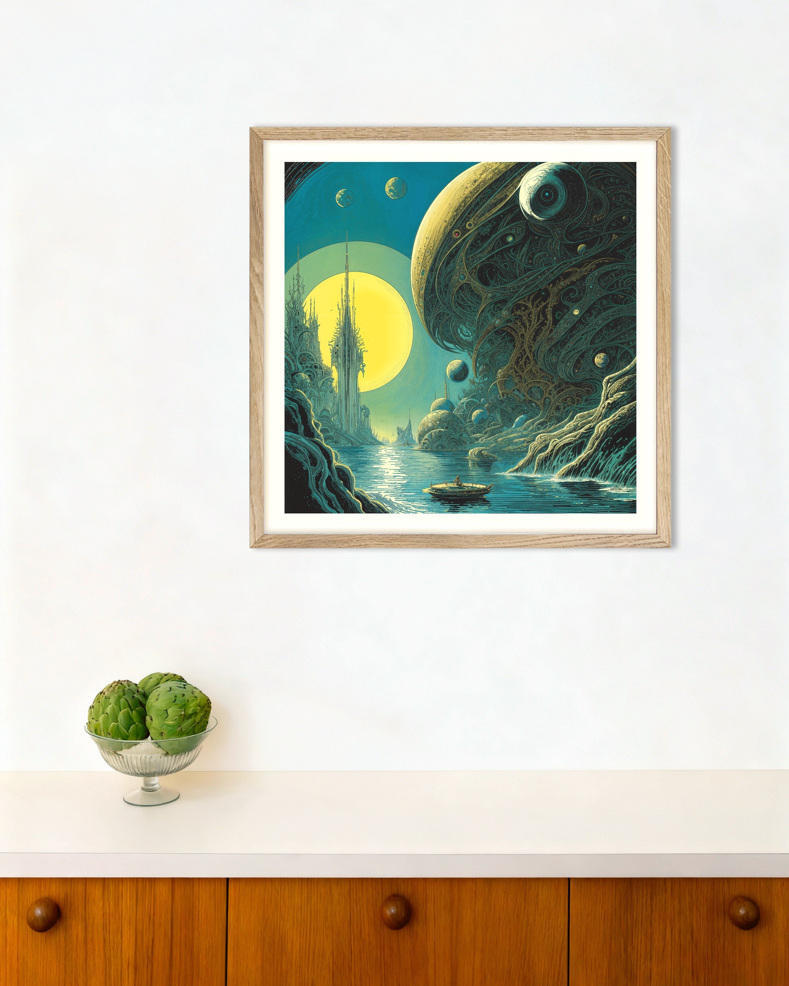 Poster of Aquatic Symbiosis - Cosmic Leviathan Over Tidal City - Poster, with natural wooden frame