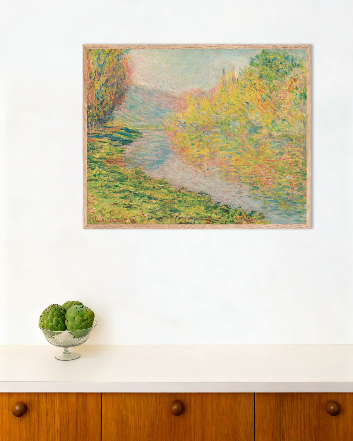 Plakat Efterår ved Jeufosse (1884) af Claude Monet med ramme i naturtræ