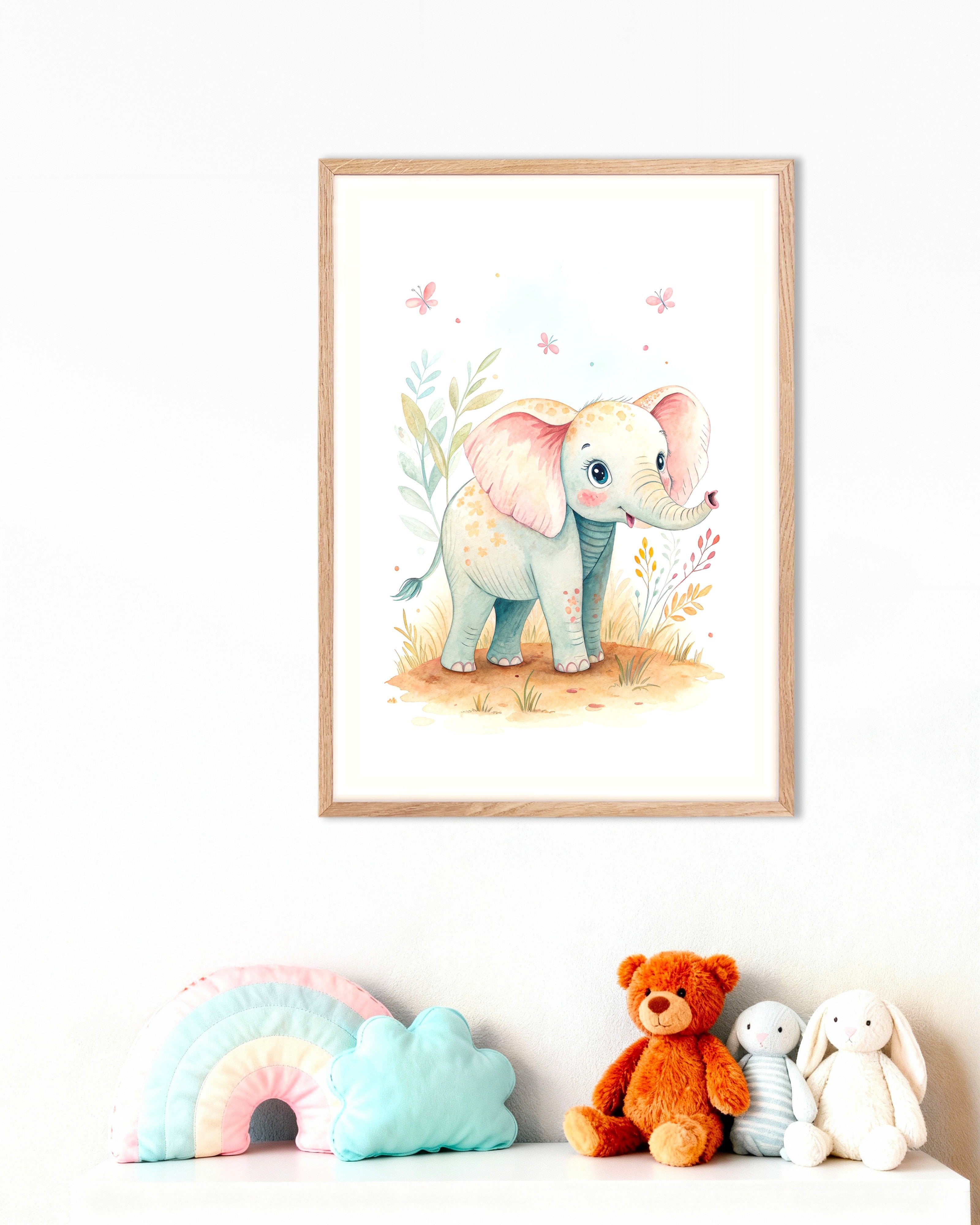 Poster of Baby Elephant Poster – Nursery Wall Art, with natural wooden frame