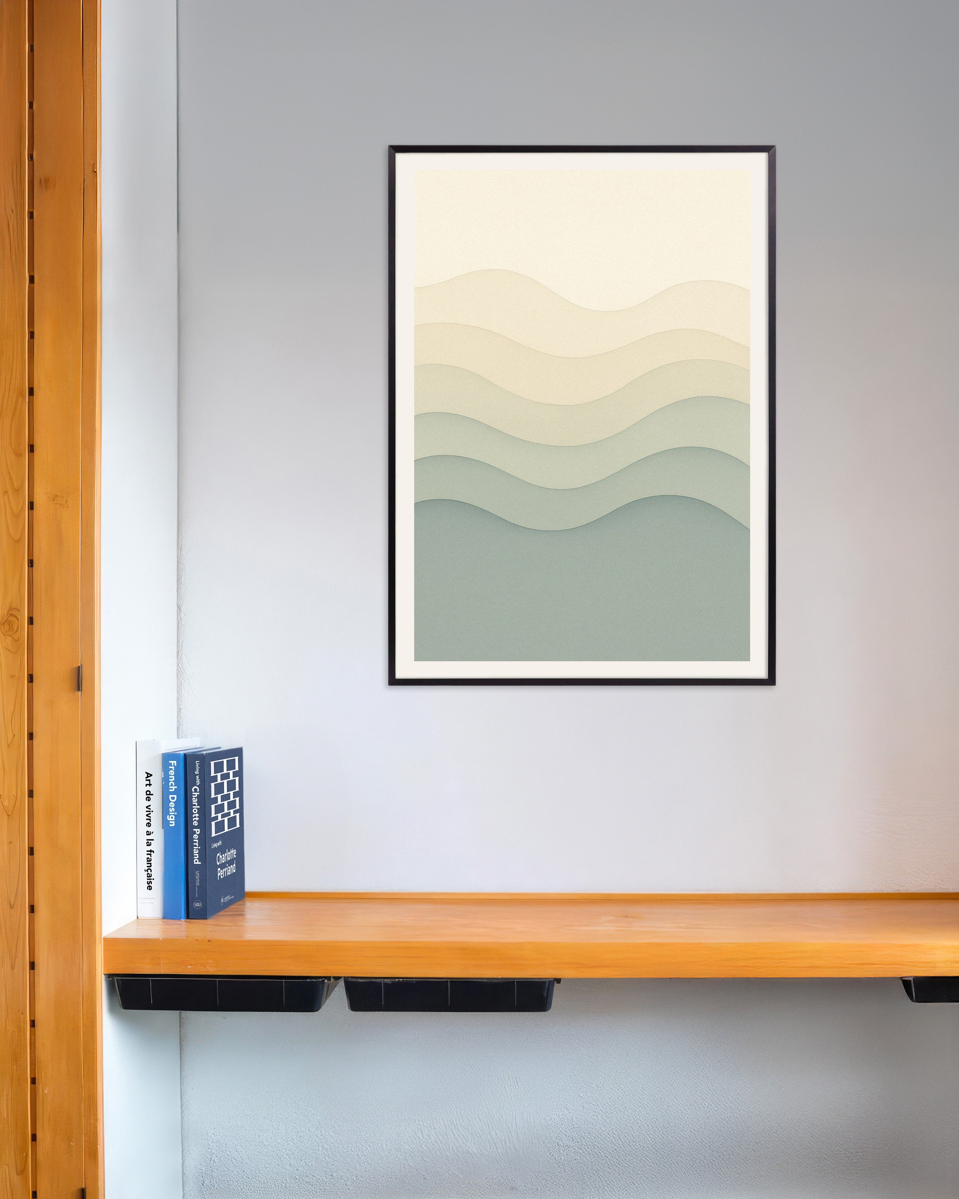 Poster of Beige and blue abstract waves print, with metal frame