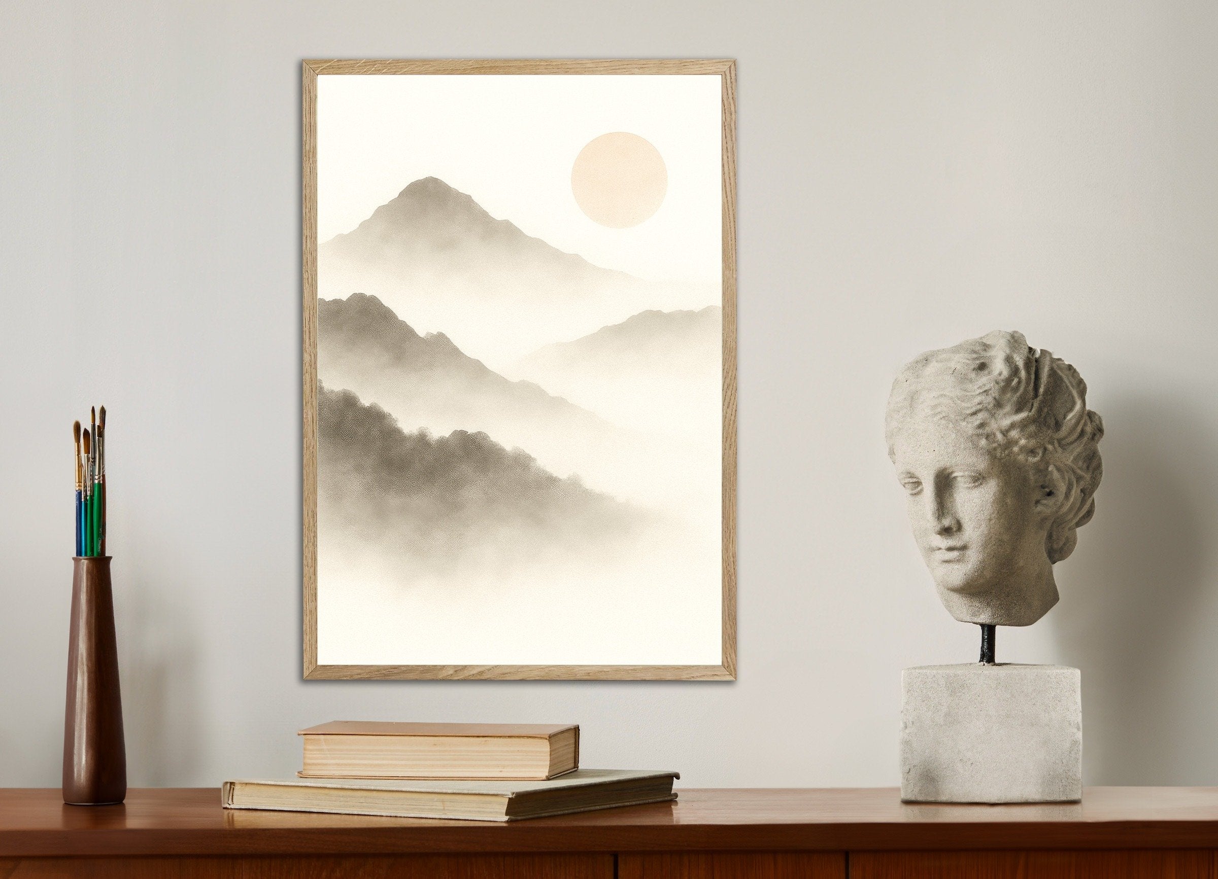 Poster of Beige mountain landscape art print, with natural wooden frame