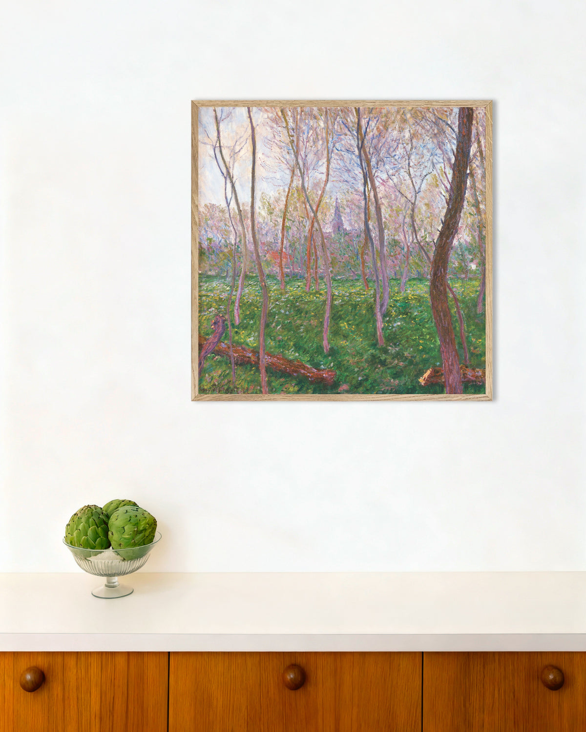 Plakat Bennecourt (1887) af Claude Monet med ramme i naturtræ