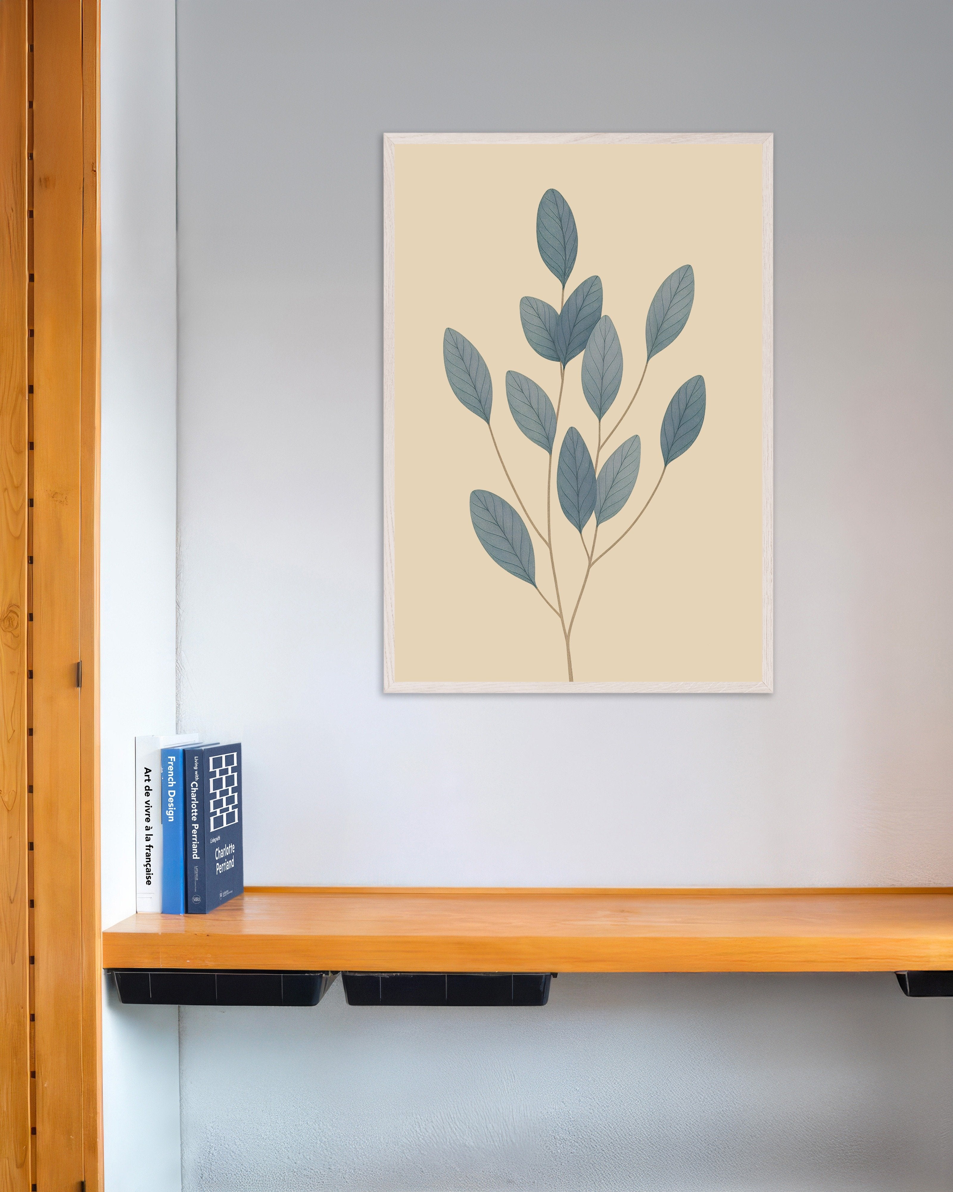 Poster of Blue Leaves Poster – Minimal Botanical Art, with white wooden frame