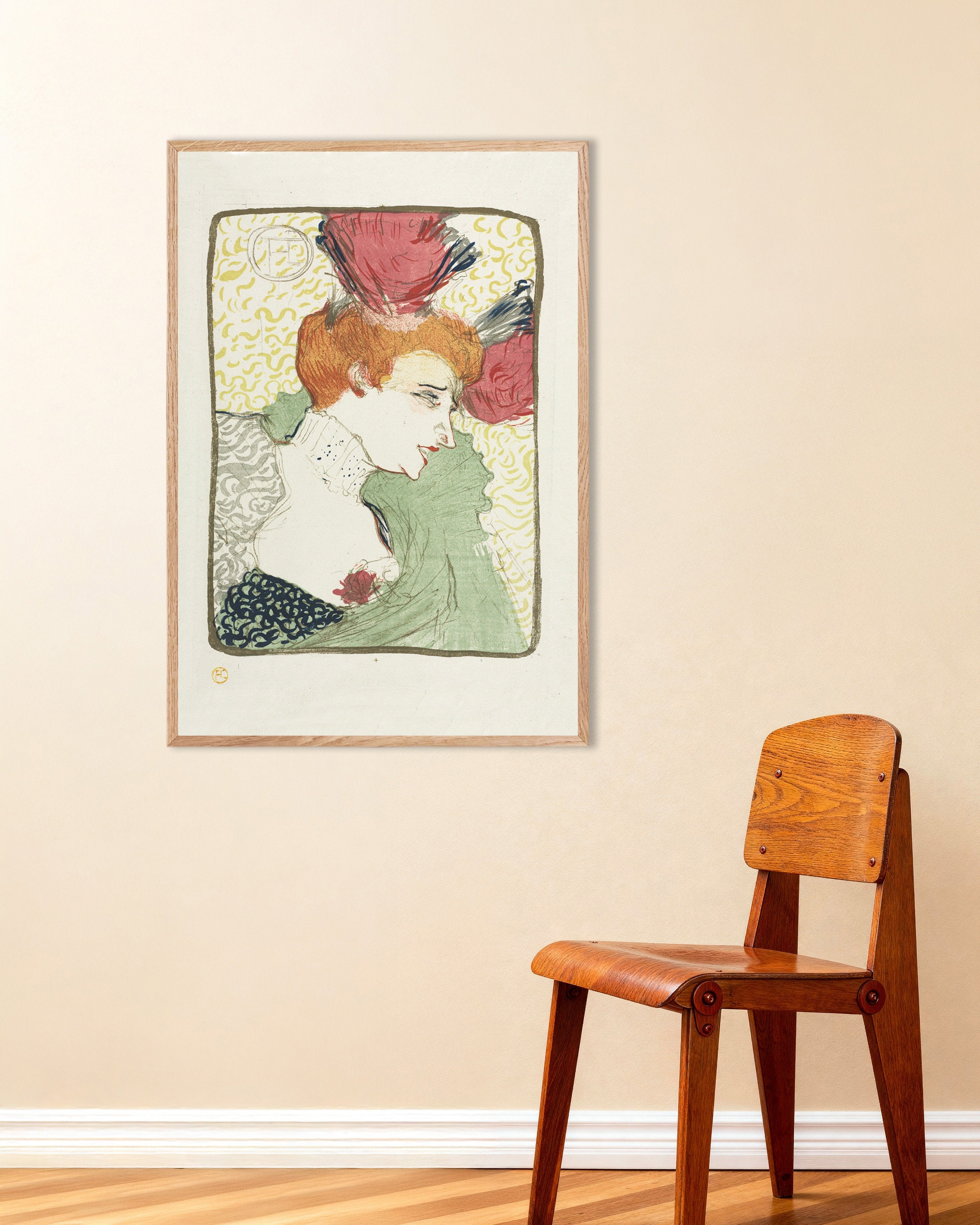 Poster of Bust of Mademoiselle Lender by Henri de Toulouse-Lautrec, 1895, with natural wooden frame