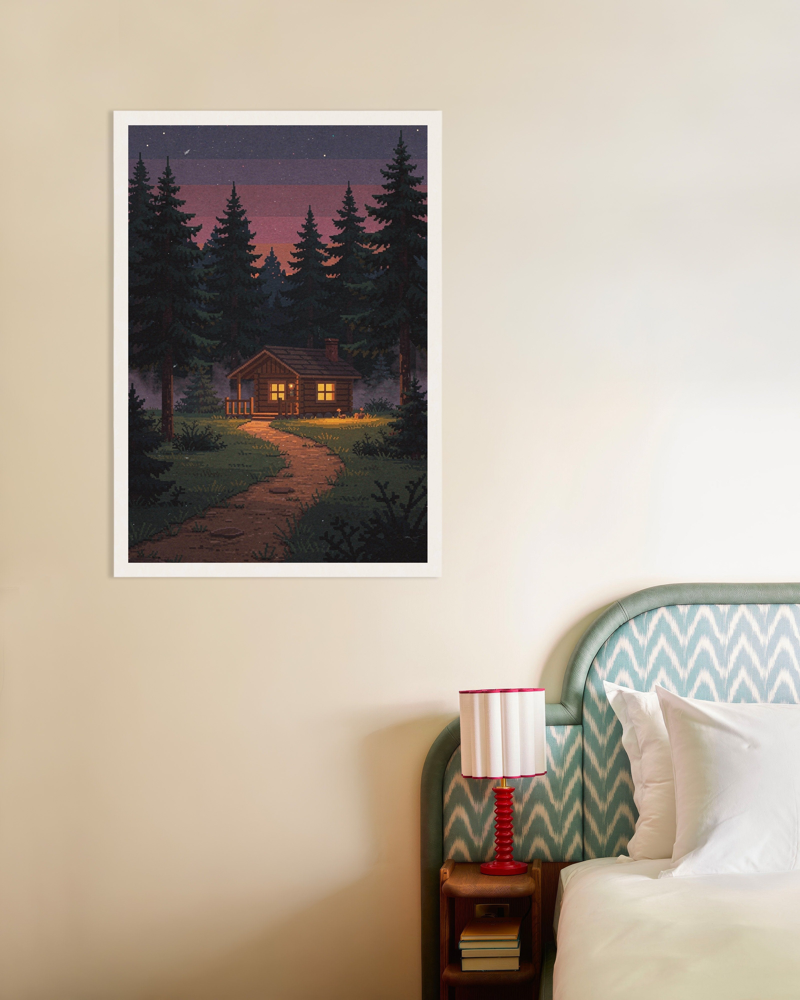 Poster of Cabin at Dusk - Pixel Art Poster