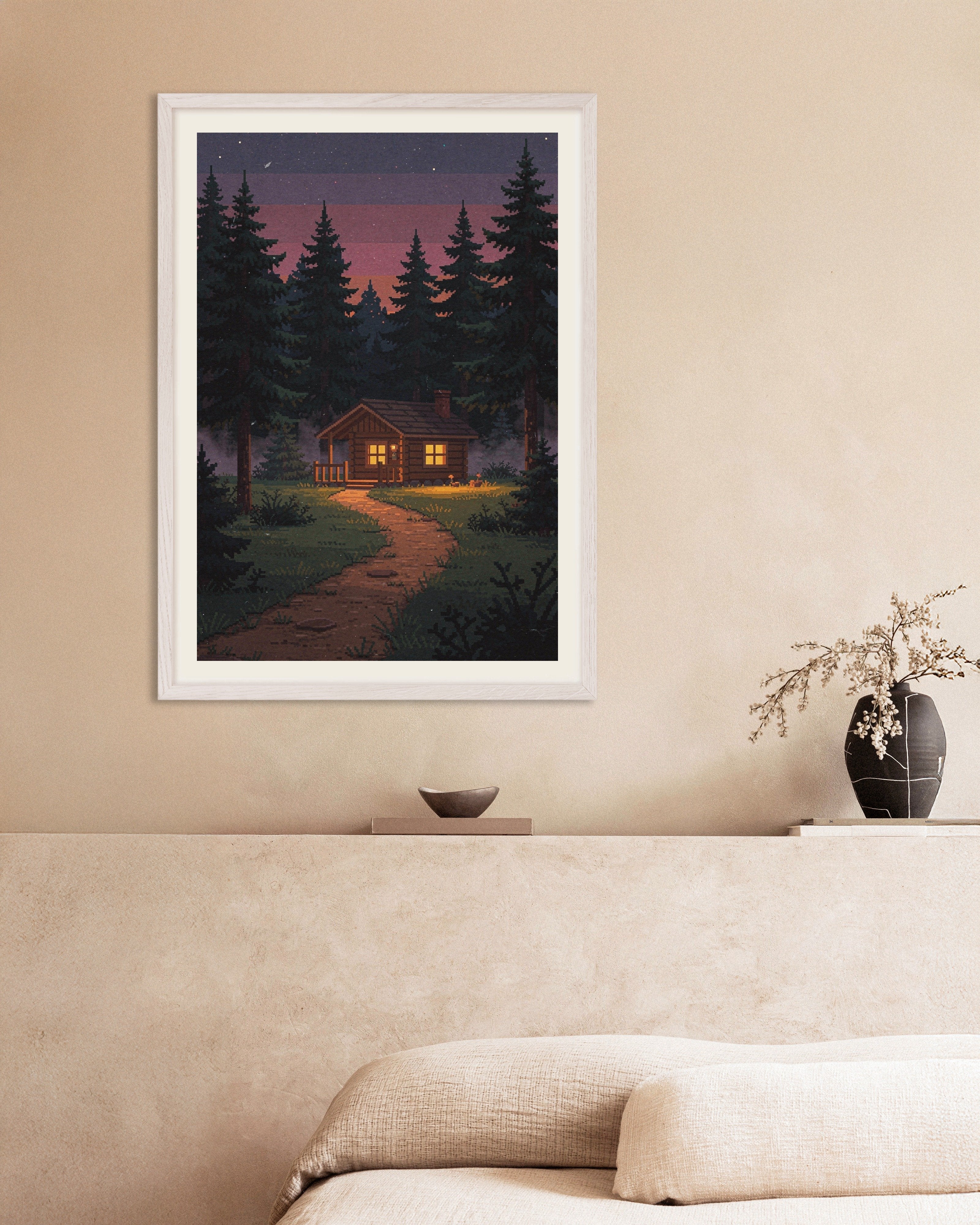 Poster of Cabin at Dusk - Pixel Art Poster, with white wooden frame
