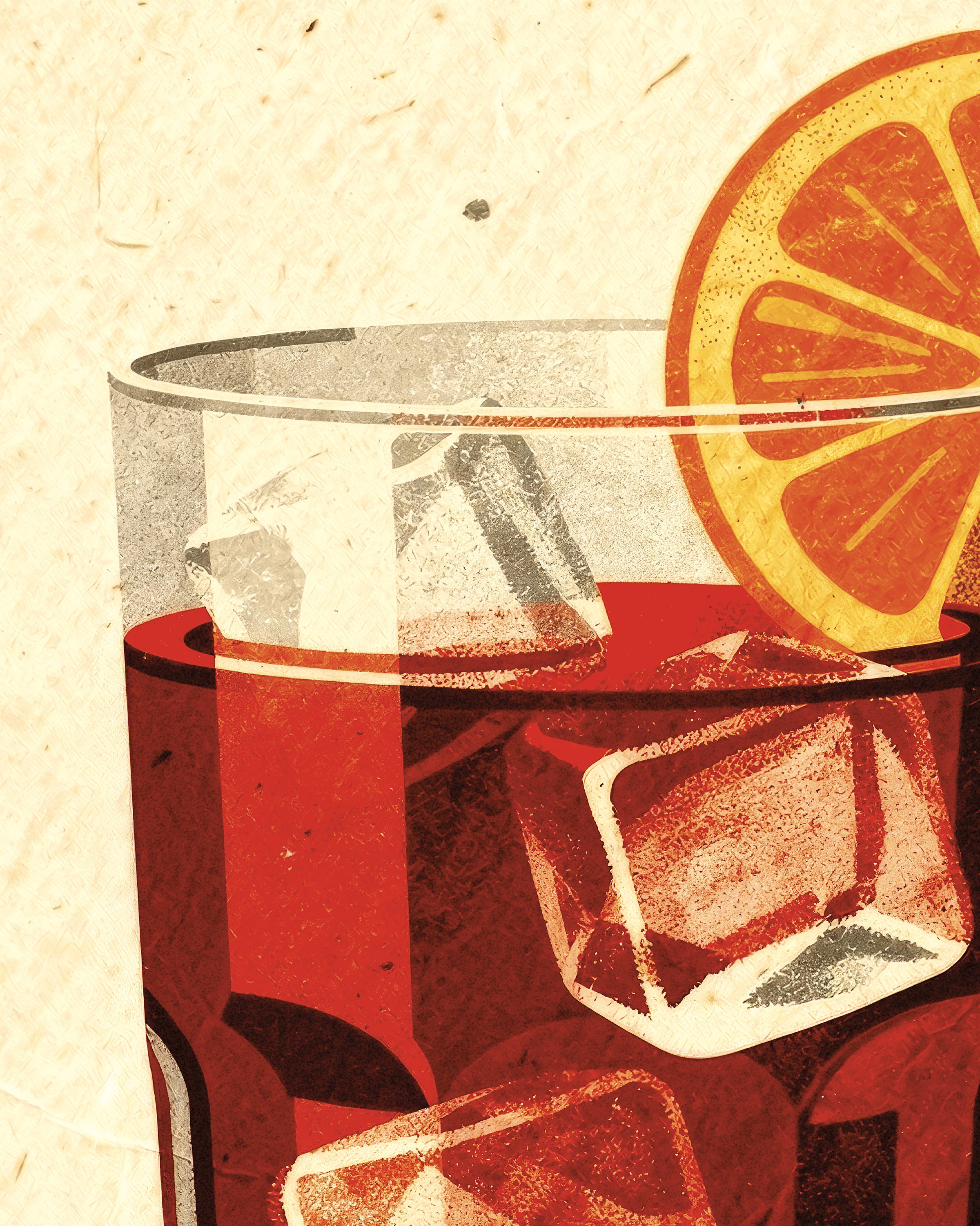 Illustration of a glass with Campari cocktail, ice cubes, and an orange slice on a textured beige background.