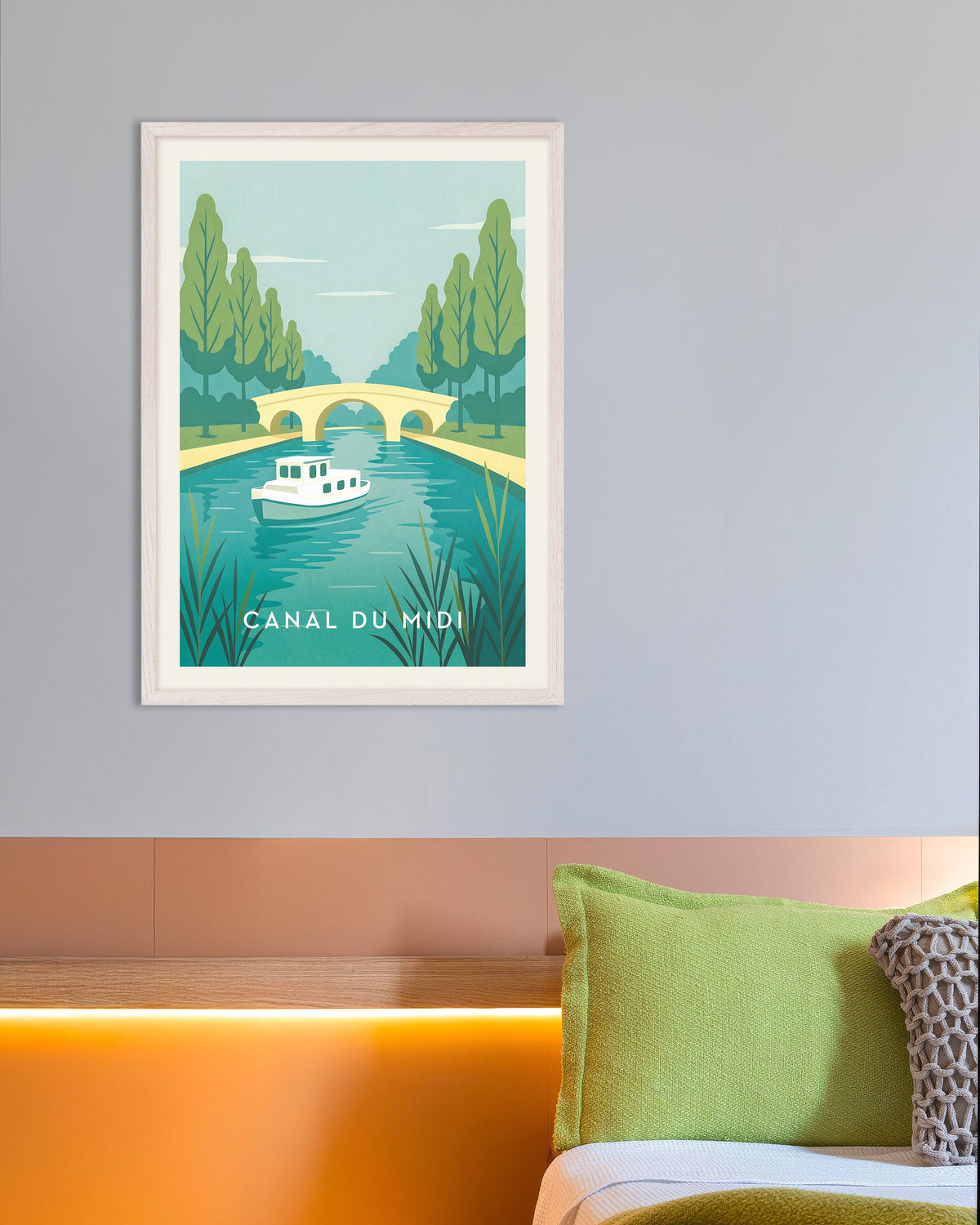 Plakat med Rejseposter med Canal du Midi, med hvid træramme