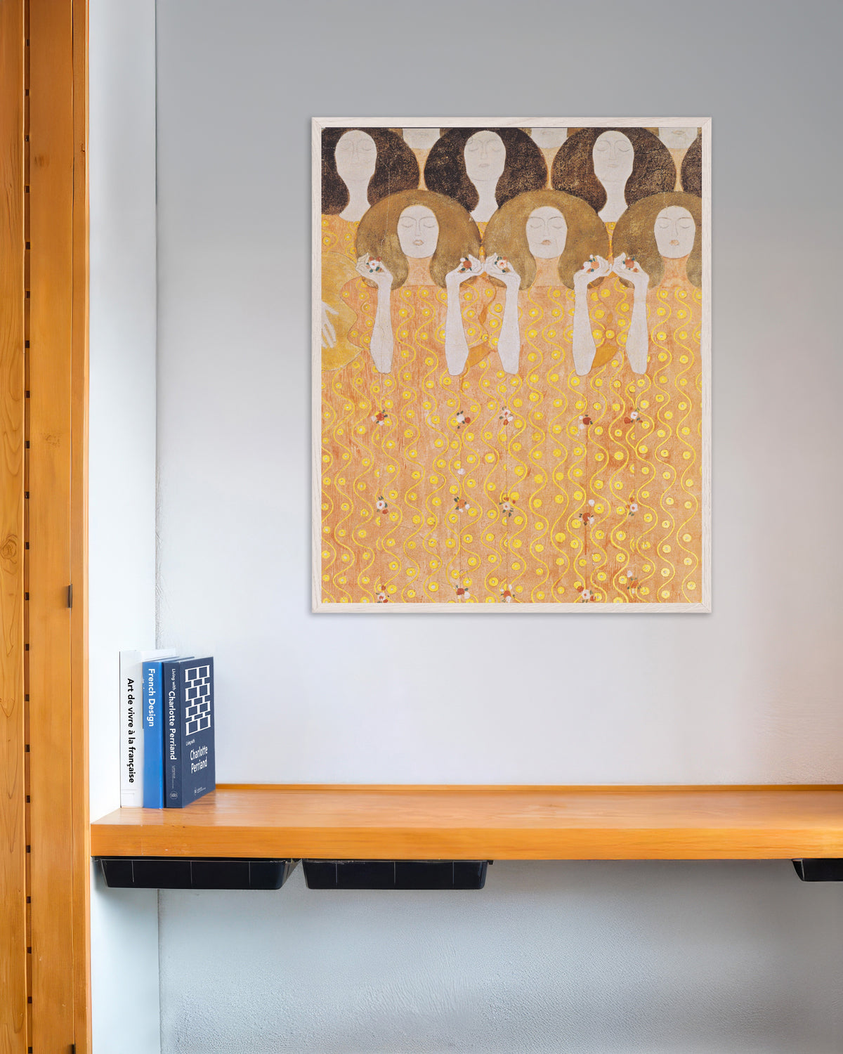 Plakat Paradisets englekor, Beethovenfrisen (1902) af Gustav Klimt med hvid træramme
