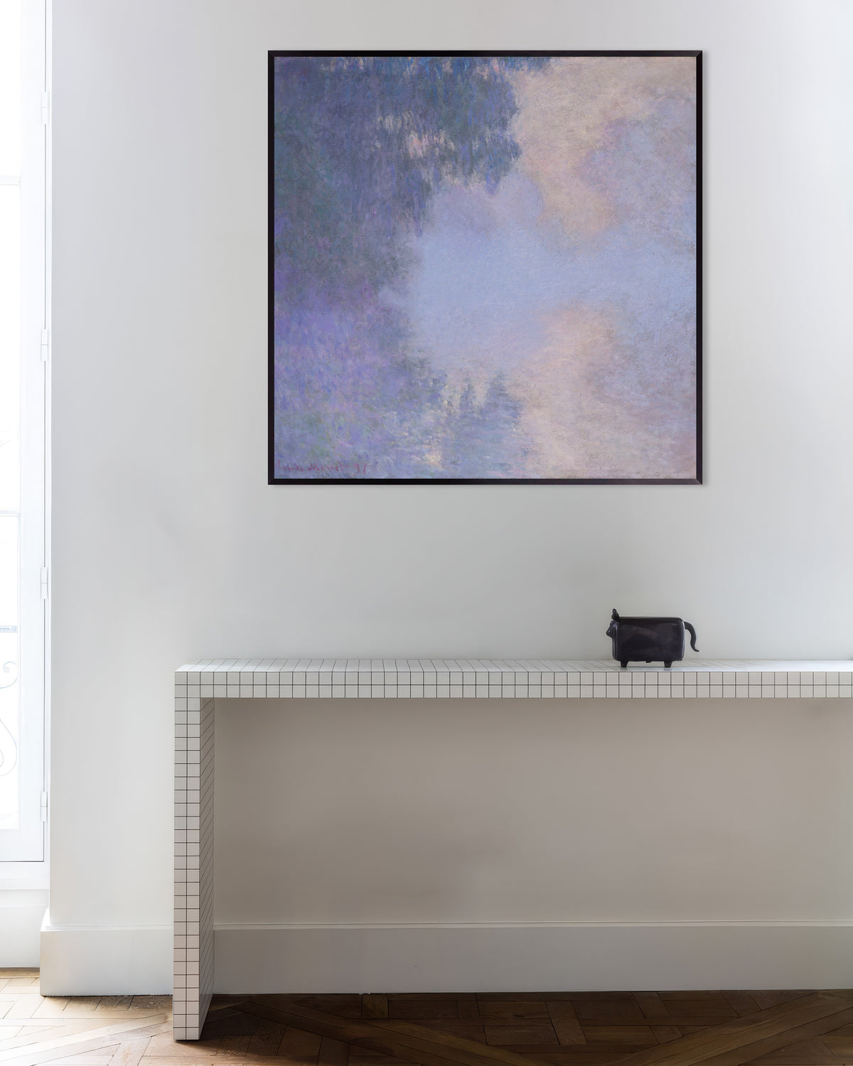 Plakat Seinens sidearm ved Giverny, tåge (1897) af Claude Monet med metalramme