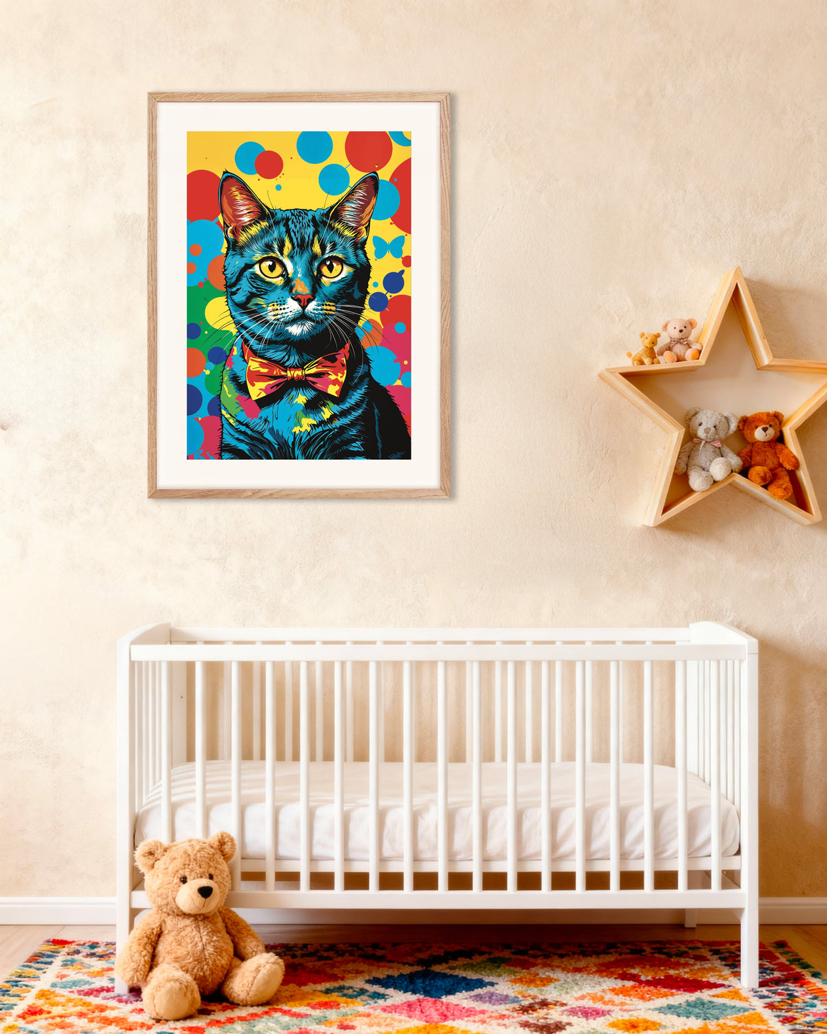 Poster af Farverig katteposter med ramme i naturtræ