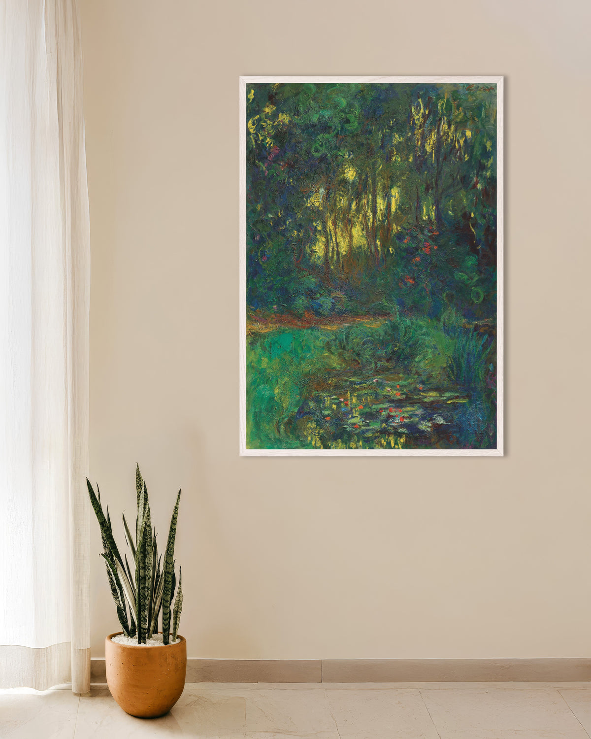 Plakat Hjørne af åkandedammen (1918–1919) af Claude Monet med hvid træramme