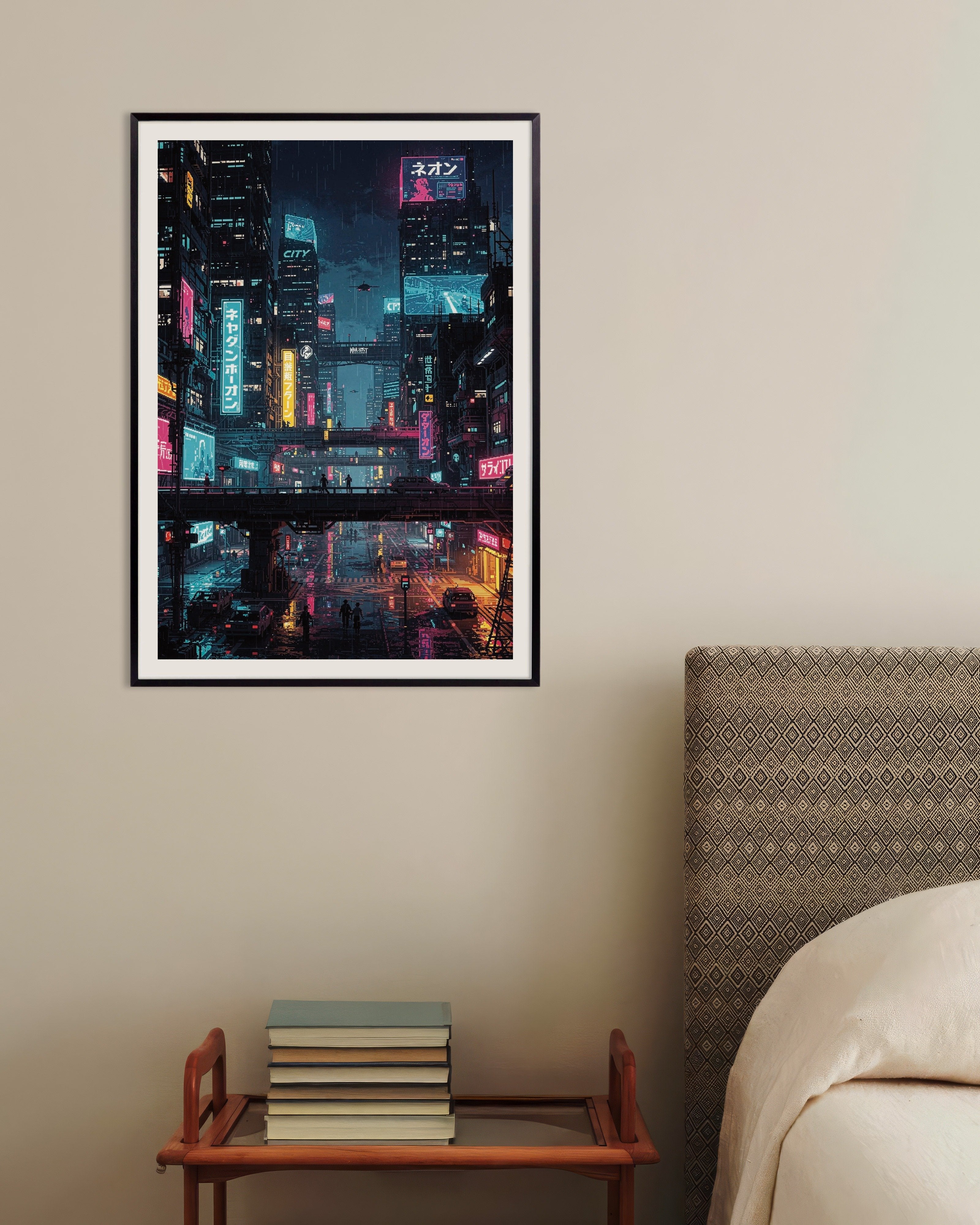 Poster of Cyberpunk Japanese City Pixel Art, with metal frame