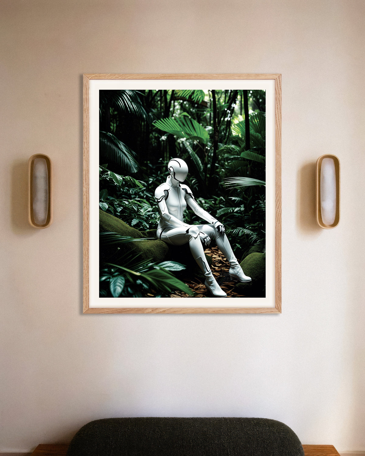 Poster af Cyborg i den dybe jungle med naturfarvet træramme