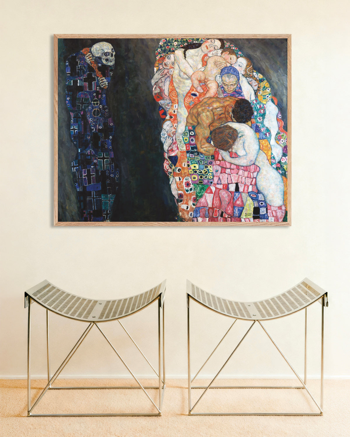 Poster af Død og liv (1910–1915) af Gustav Klimt med ramme af naturtræ