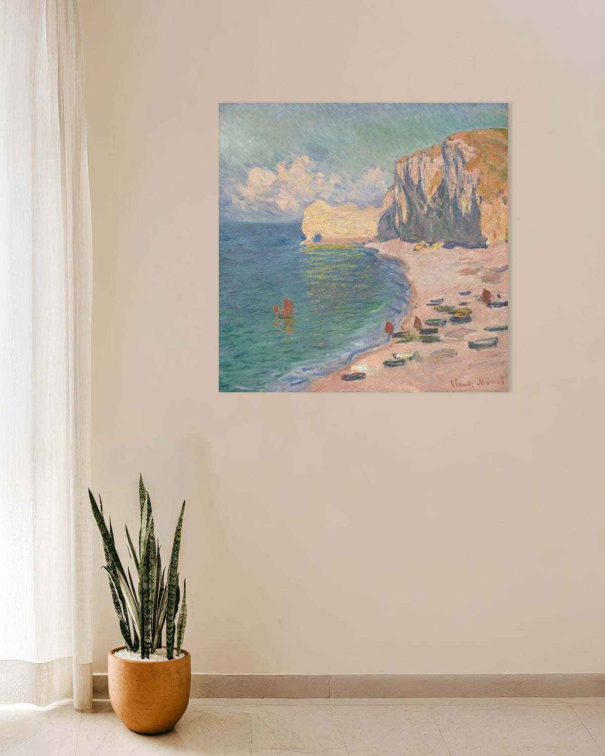 Plakat Étretat, stranden og Falaise d'Amont (1885) af Claude Monet