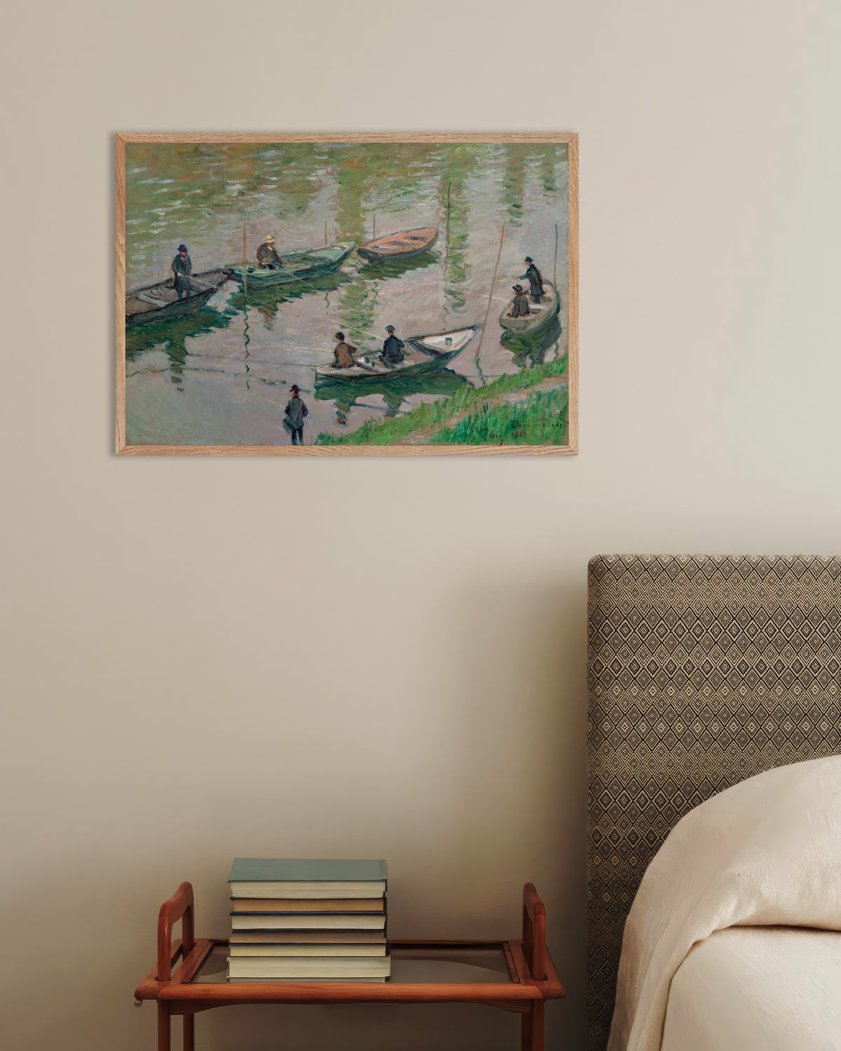 Plakat Fiskere på Seinen ved Poissy (1882) af Claude Monet med ramme i naturtræ