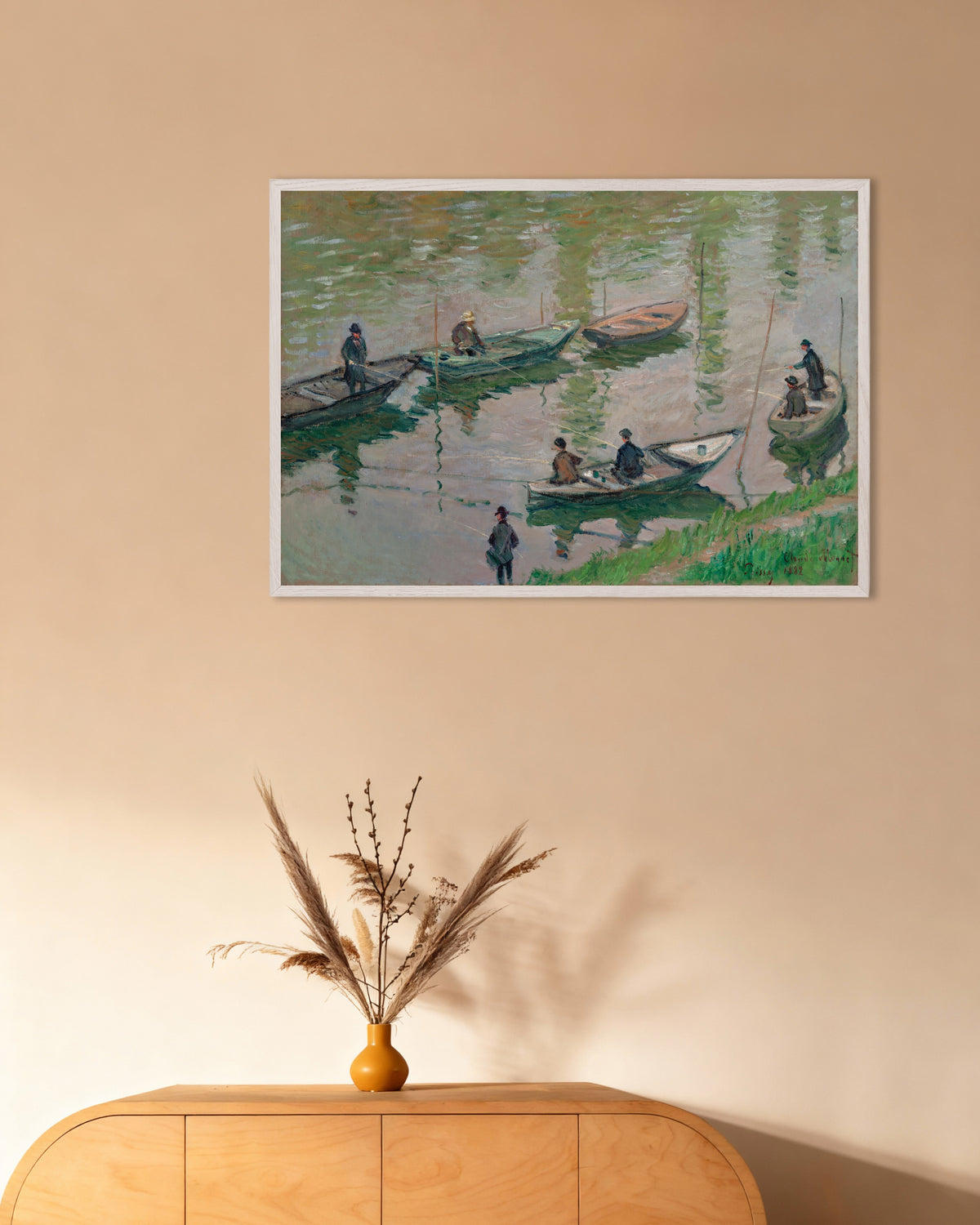 Plakat Fiskere på Seinen ved Poissy (1882) af Claude Monet med hvid træramme