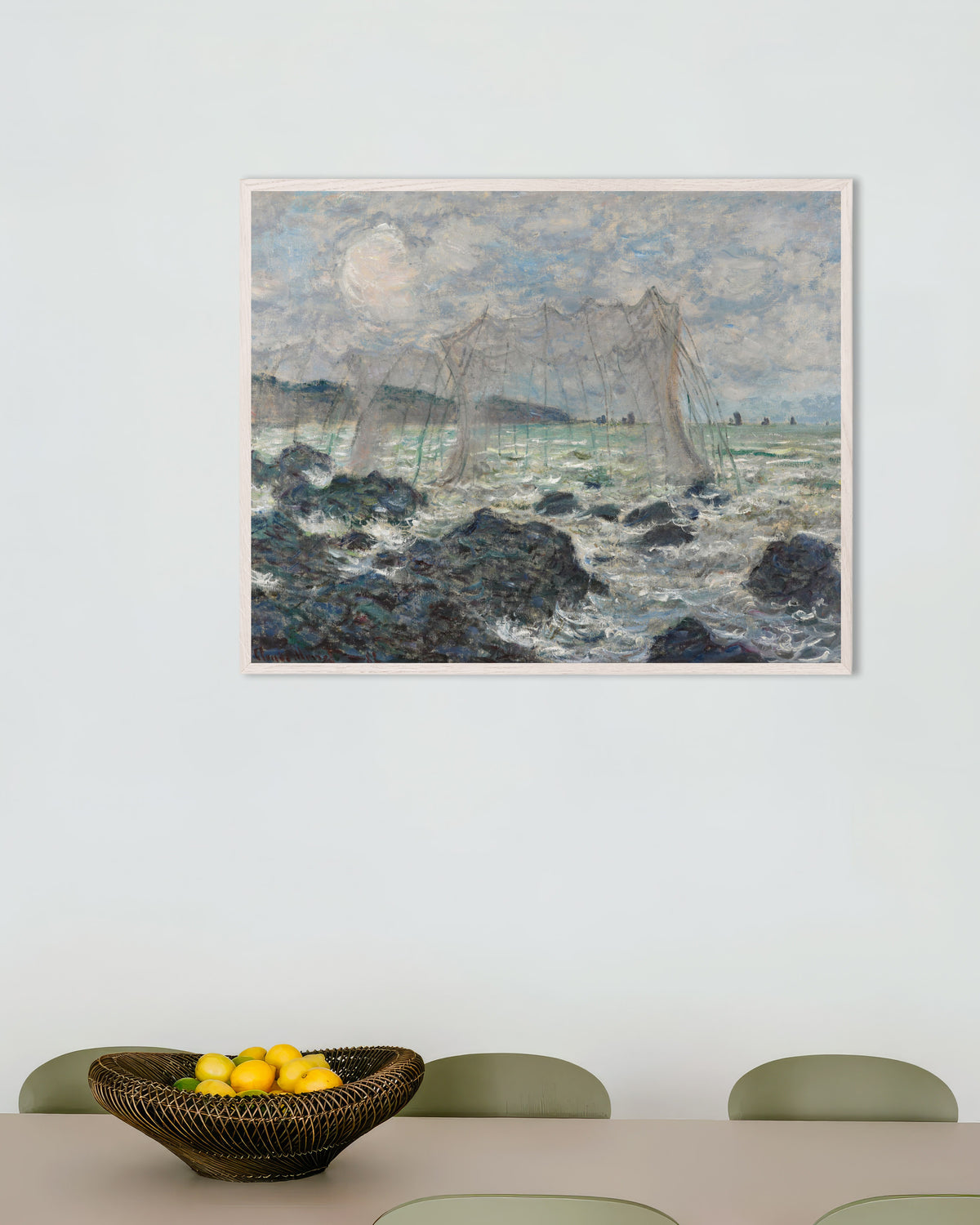 Plakat Fiskenet ved Pourville (1882) af Claude Monet med hvid træramme