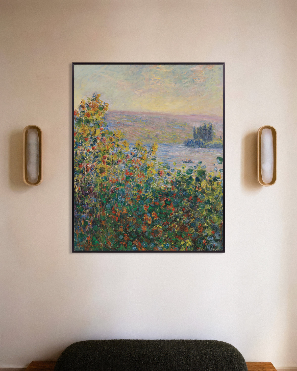 Plakat Blomsterbede i Vétheuil (1881) af Claude Monet med metalramme