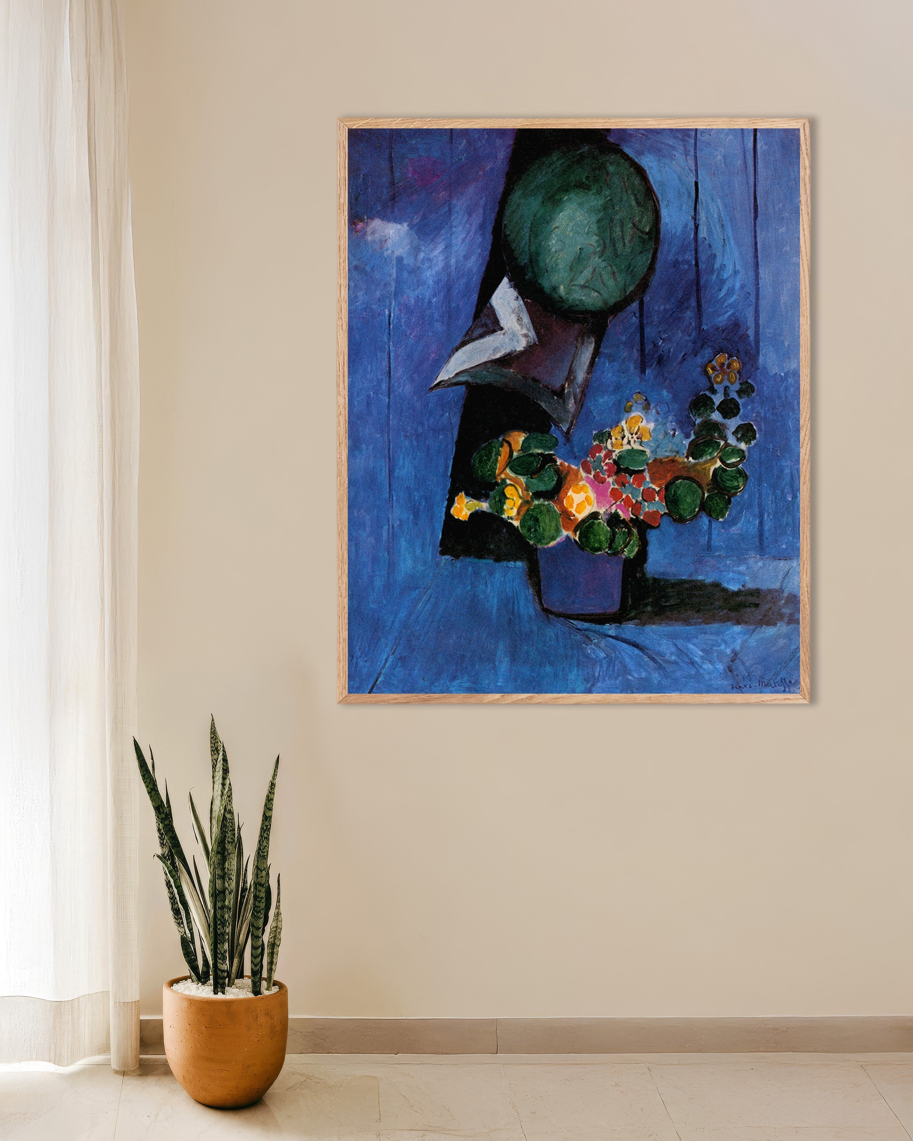 Poster of Flowers and ceramic plate (1911) by Henri Matisse, with natural wooden frame