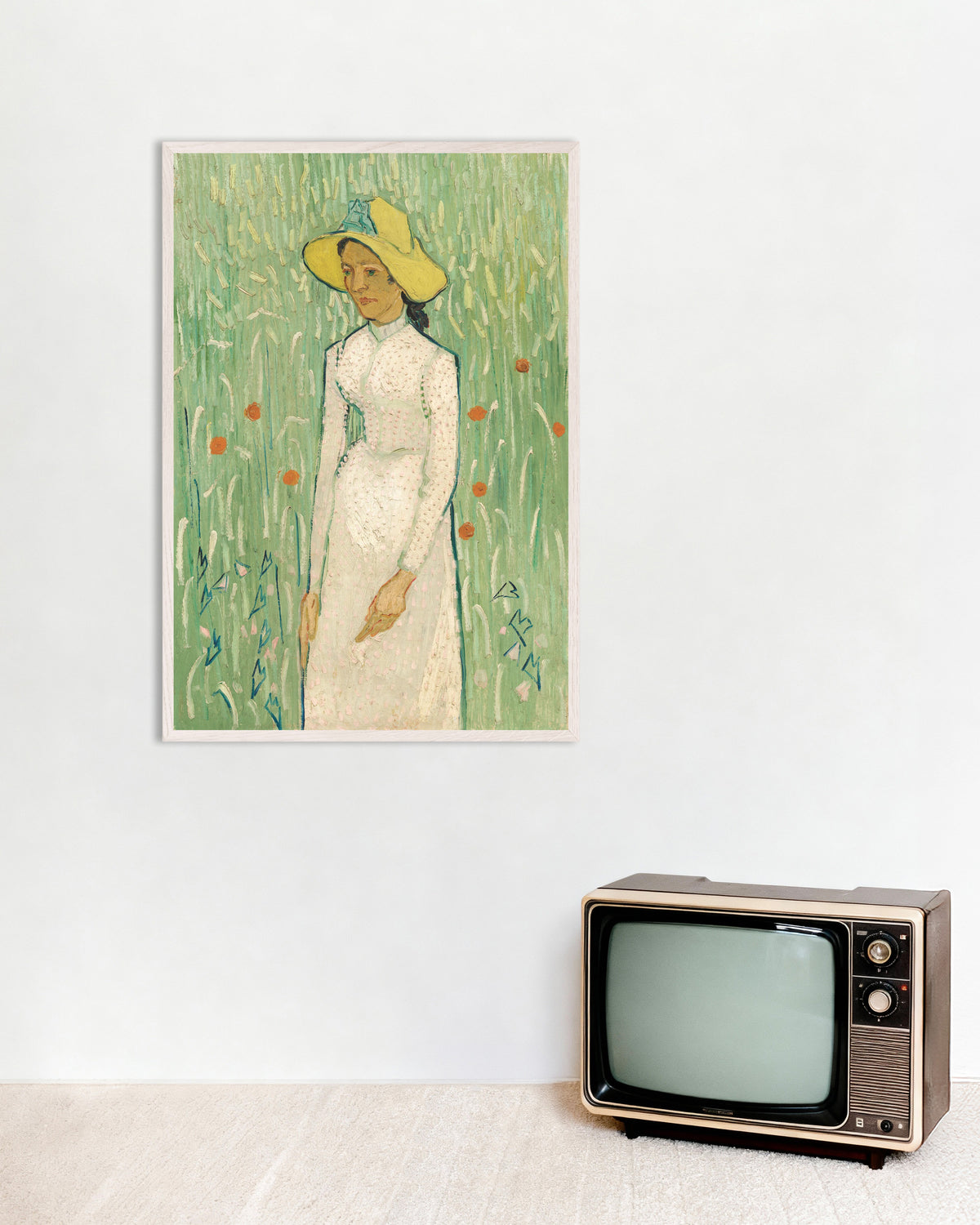 Poster af Pige i hvidt (1890) af Vincent van Gogh med hvid træramme