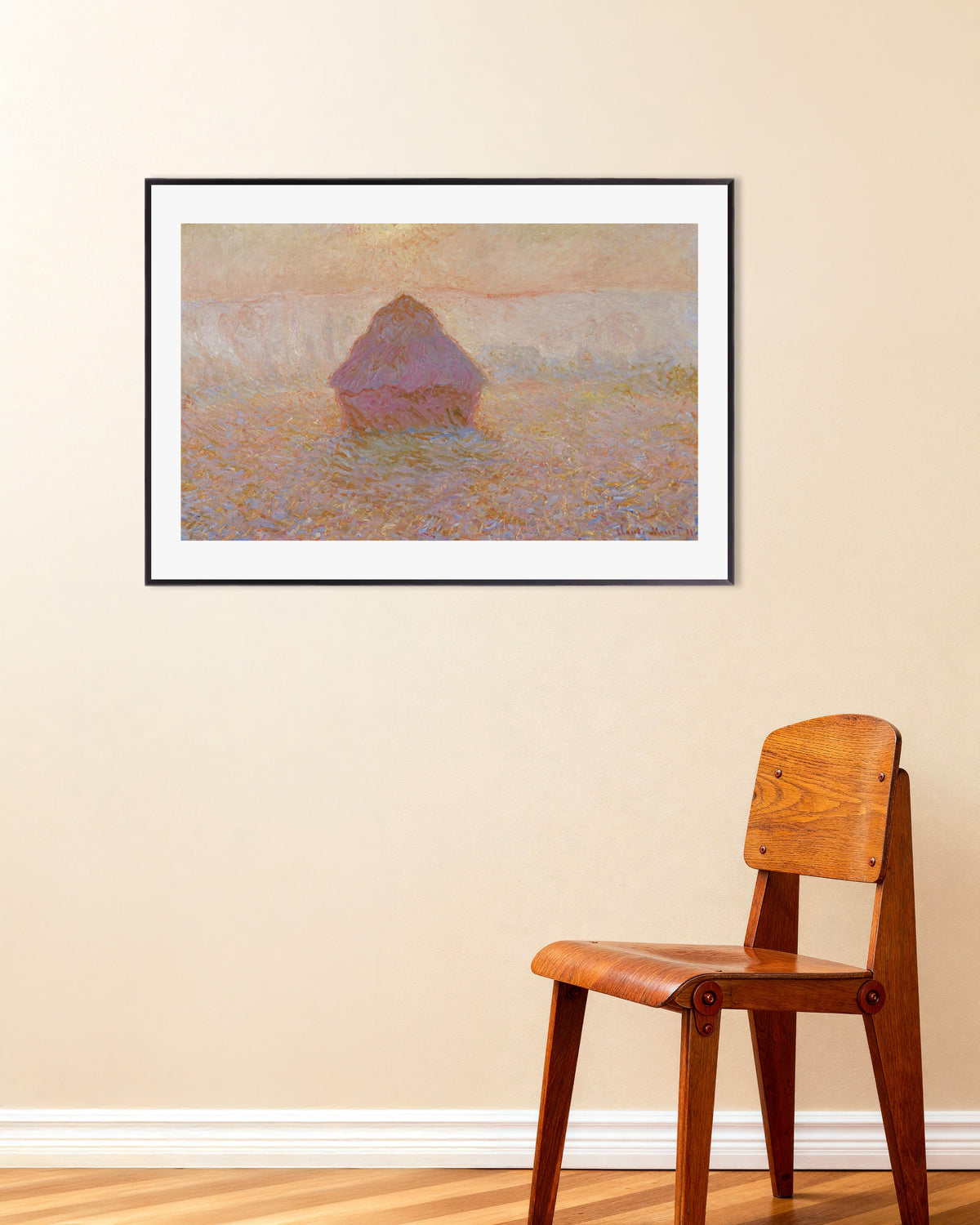 Plakat Kornstak, sol i disen (1891) af Claude Monet med metalramme