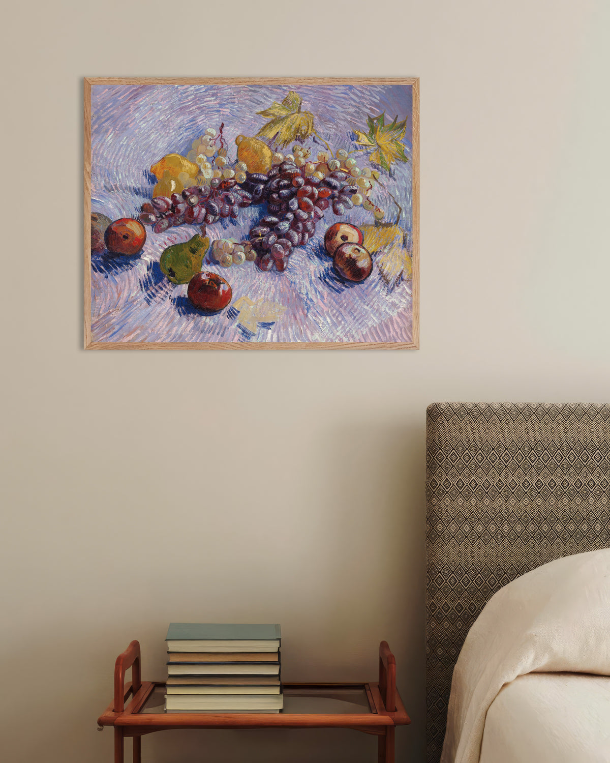 Poster med Druer, citroner, pærer og æbler (1887) af Vincent van Gogh, med ramme i naturtræ