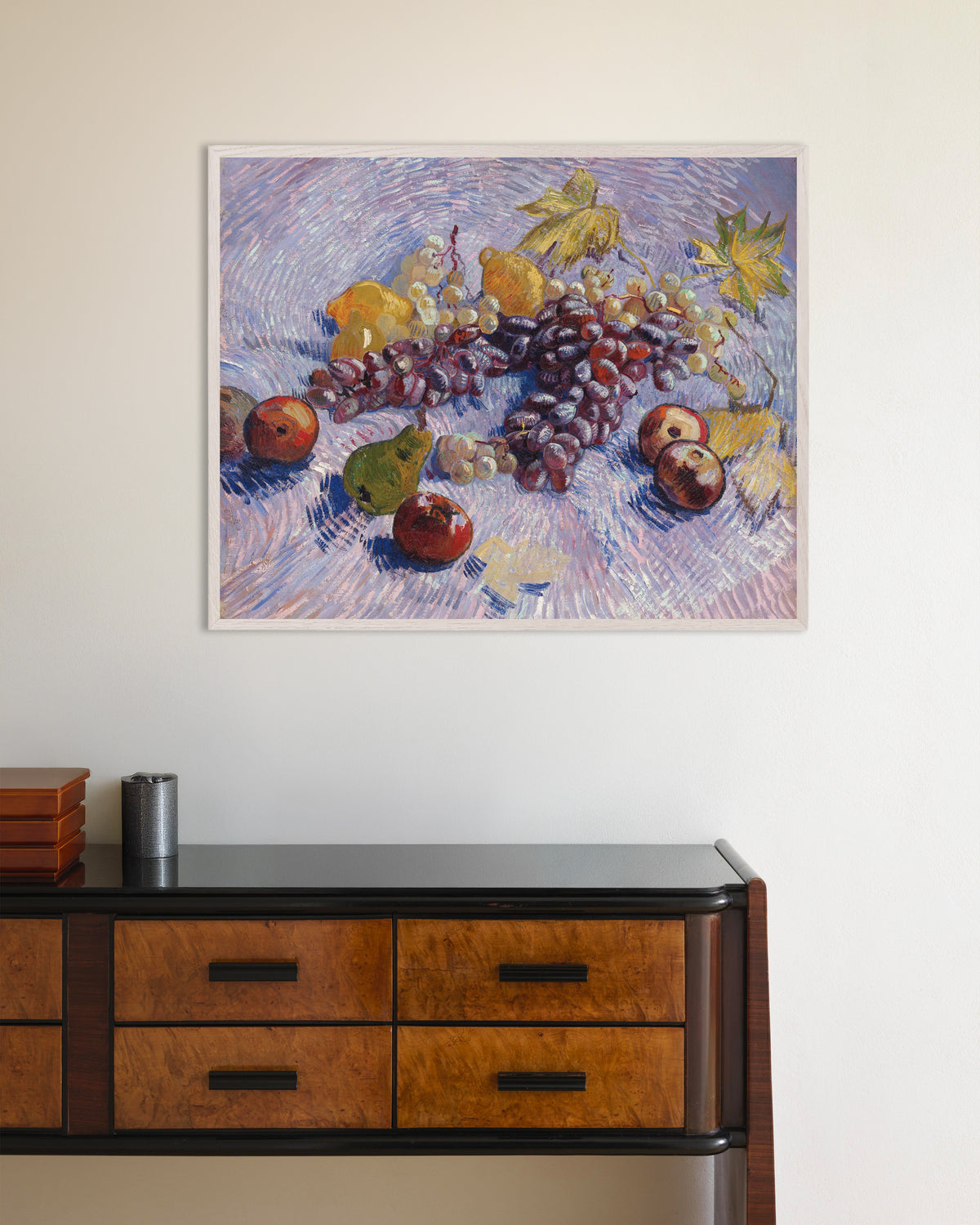 Poster med Druer, citroner, pærer og æbler (1887) af Vincent van Gogh, med hvid træramme