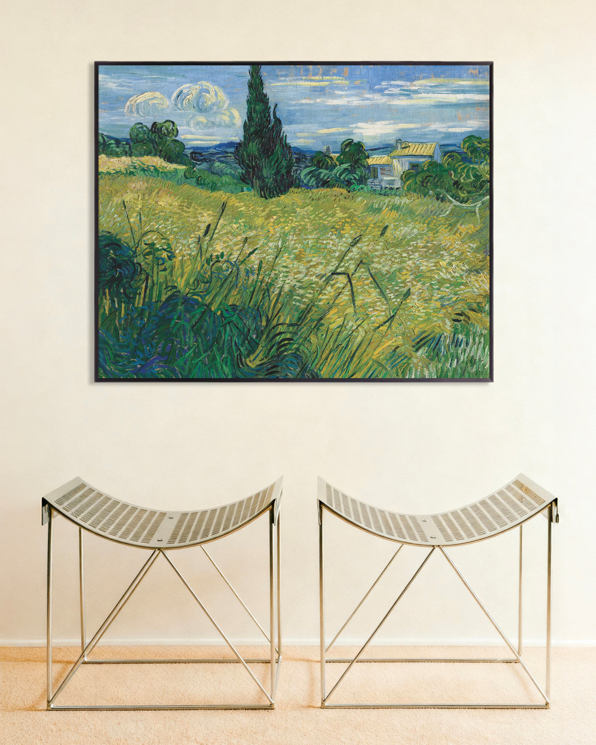Poster med Grøn hvedemark med cypres (1889) af Vincent van Gogh, med metalramme