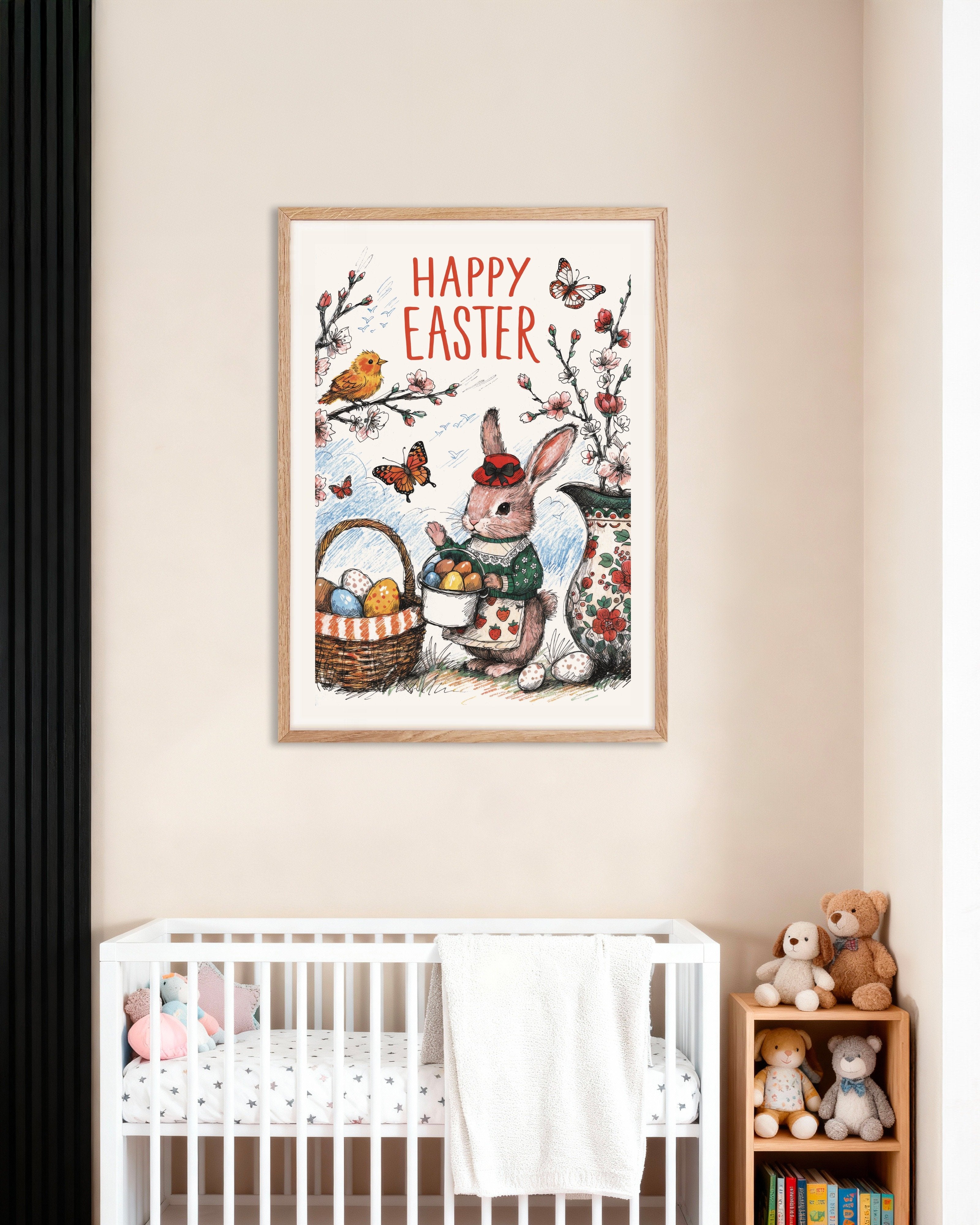 Poster of Happy Easter Bunny in Blossom Garden Poster, with natural wooden frame