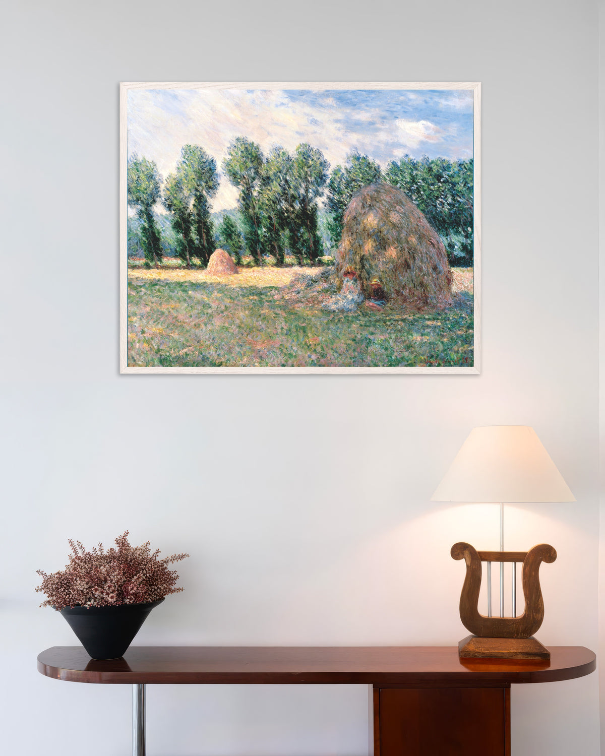 Plakat Høstakke (1885) af Claude Monet med hvid træramme