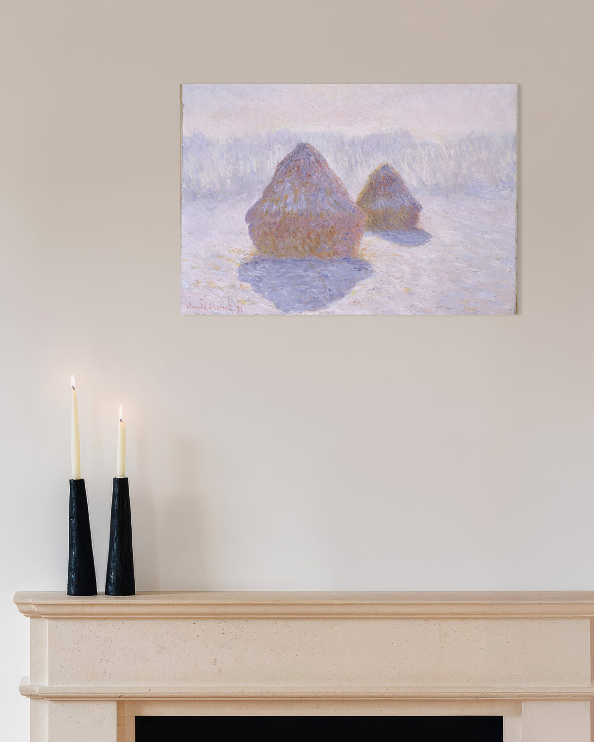 Plakat Kornstakke, sne og sol (1891) af Claude Monet