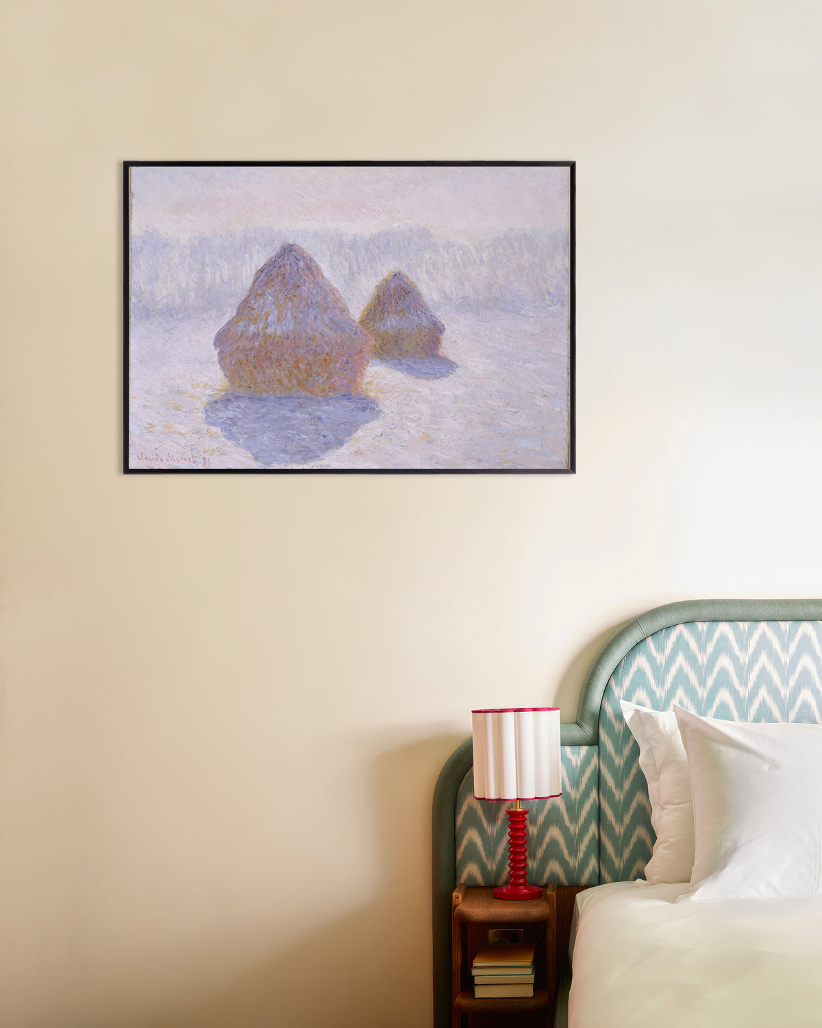 Plakat Kornstakke, sne og sol (1891) af Claude Monet med metalramme