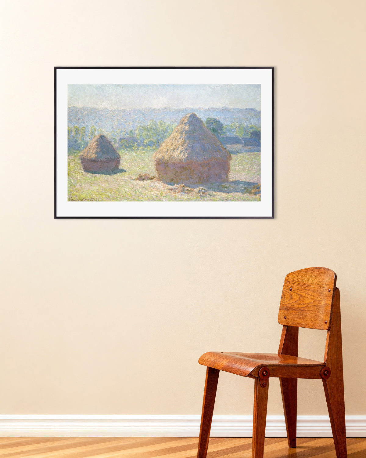 Plakat Kornstakke, sensommer (1891) af Claude Monet med metalramme