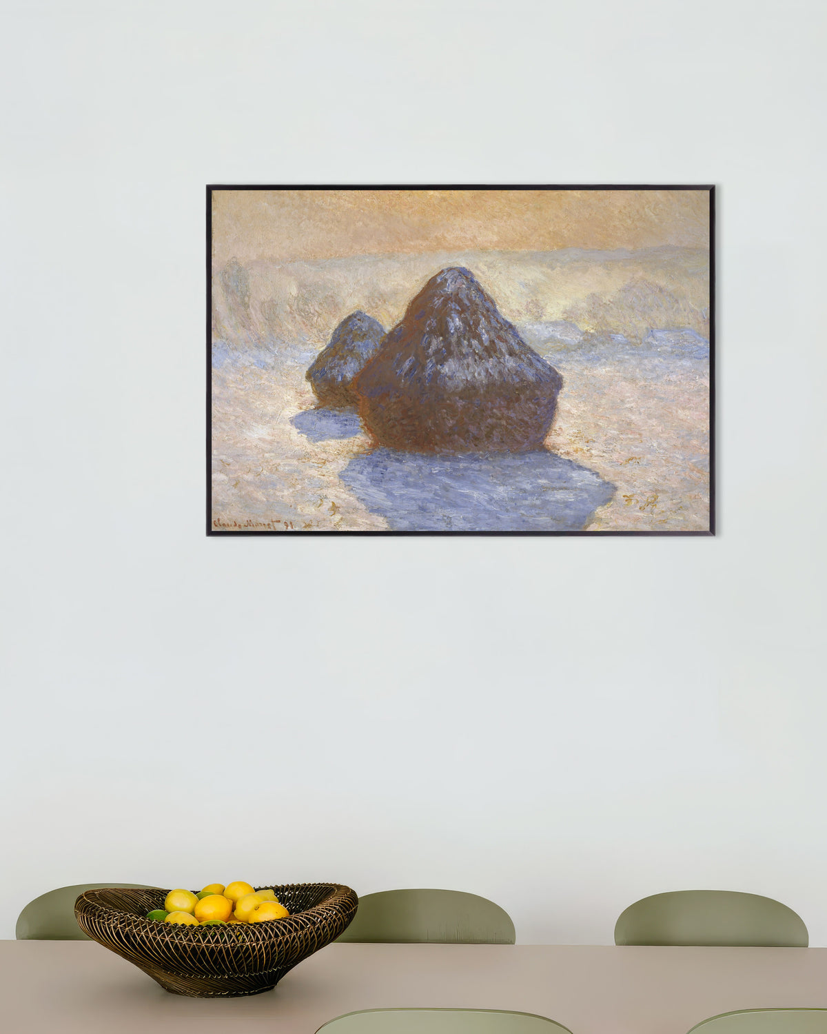 Plakat Kornstakke, sne (1891) af Claude Monet med metalramme