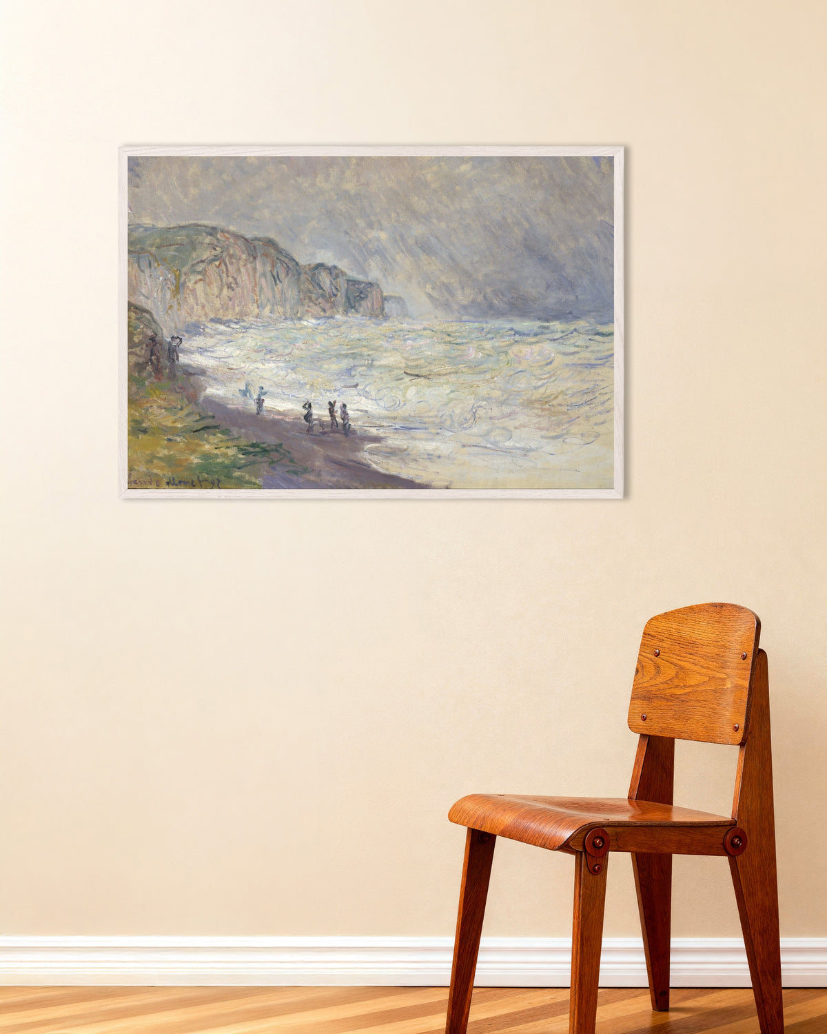 Plakat Høj sø ved Pourville (1897) af Claude Monet med hvid træramme