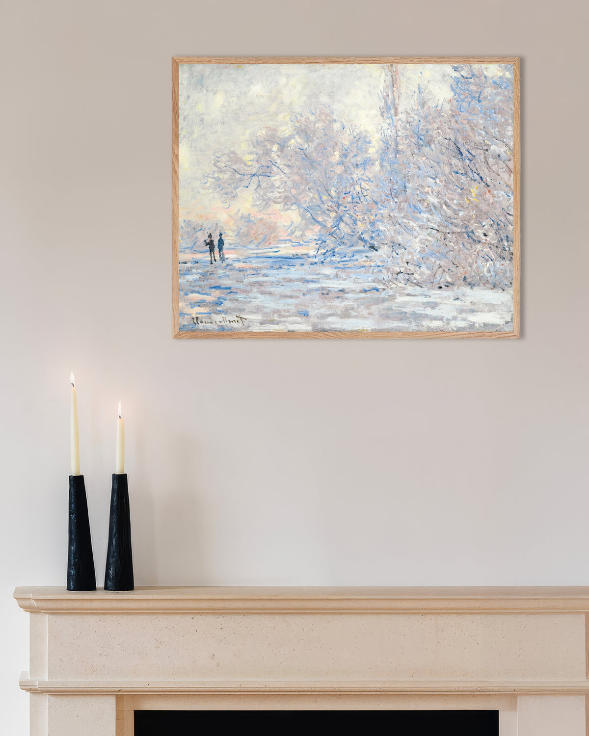 Plakat Rimfrost i Giverny (1885) af Claude Monet med ramme i naturtræ