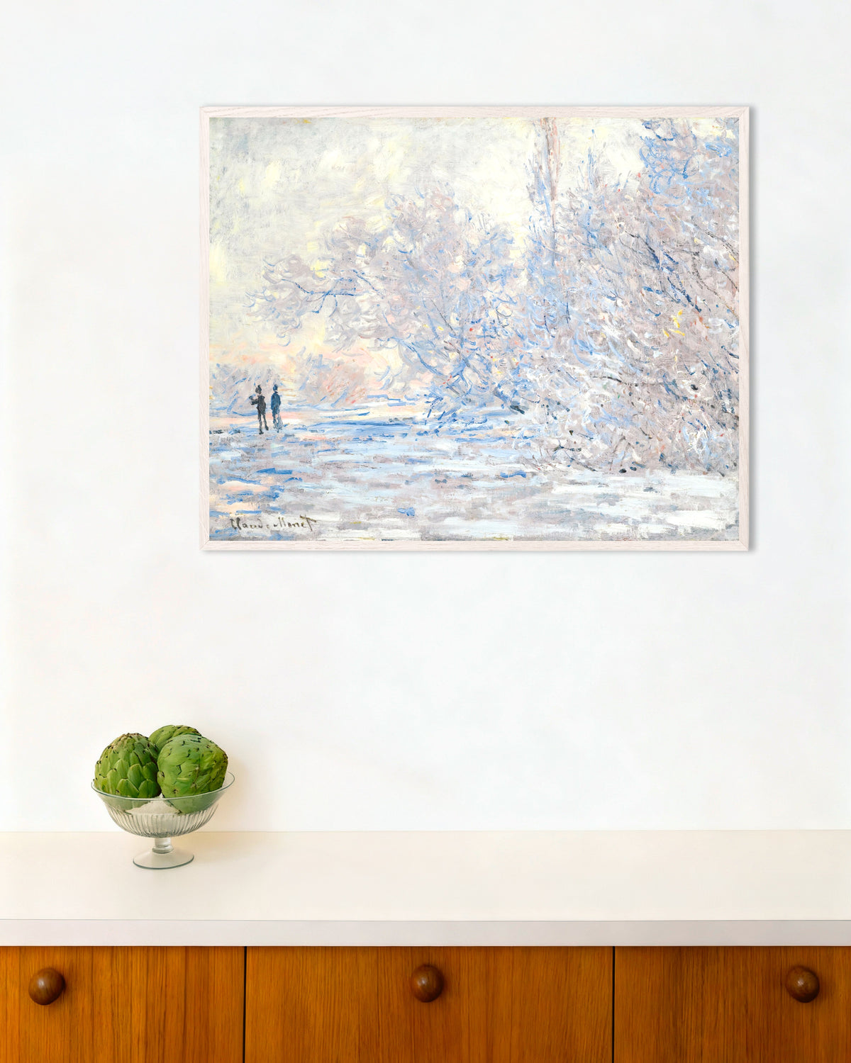 Plakat Rimfrost i Giverny (1885) af Claude Monet med hvid træramme