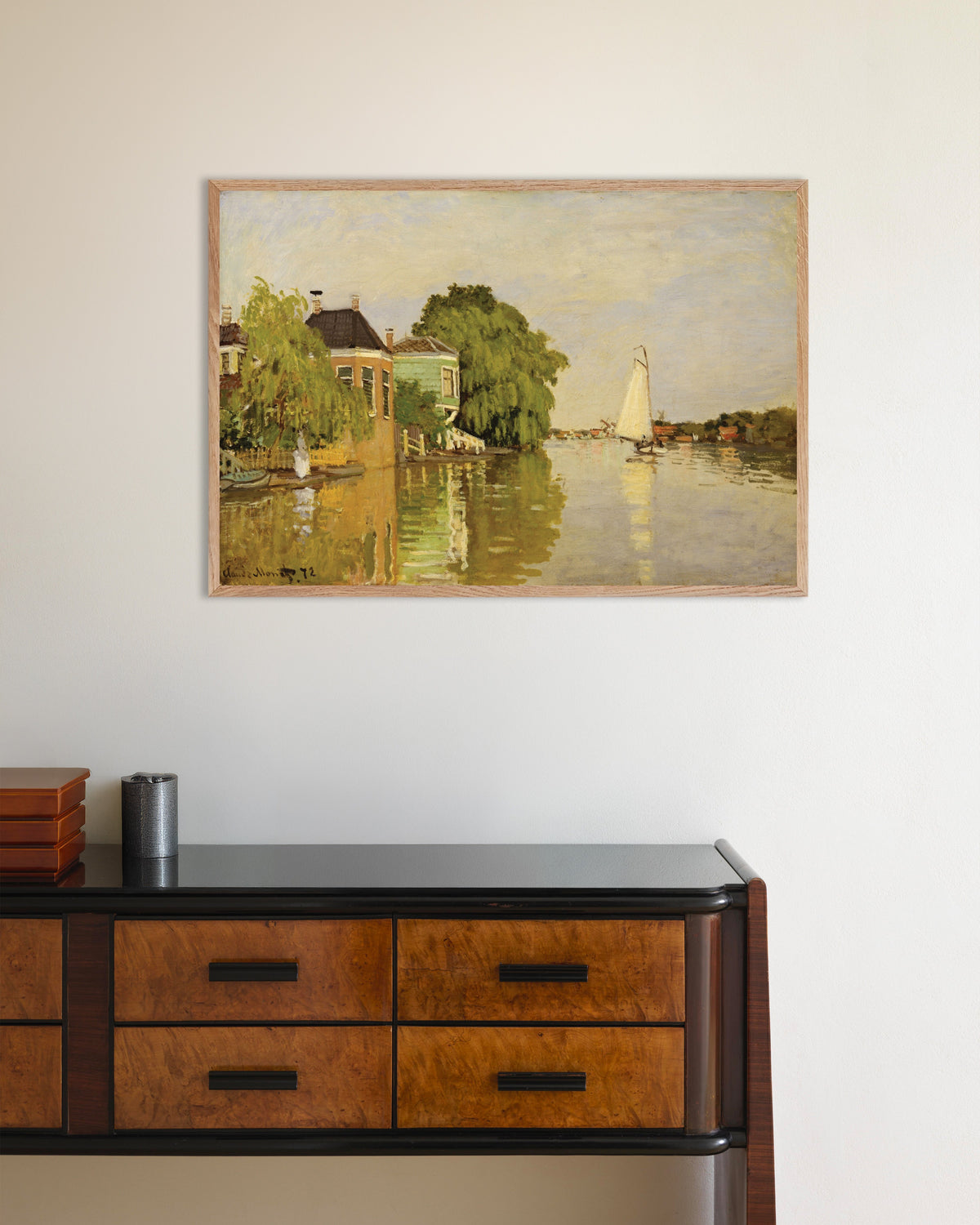 Plakat Huse ved Achterzaan (1871) af Claude Monet med ramme i naturtræ