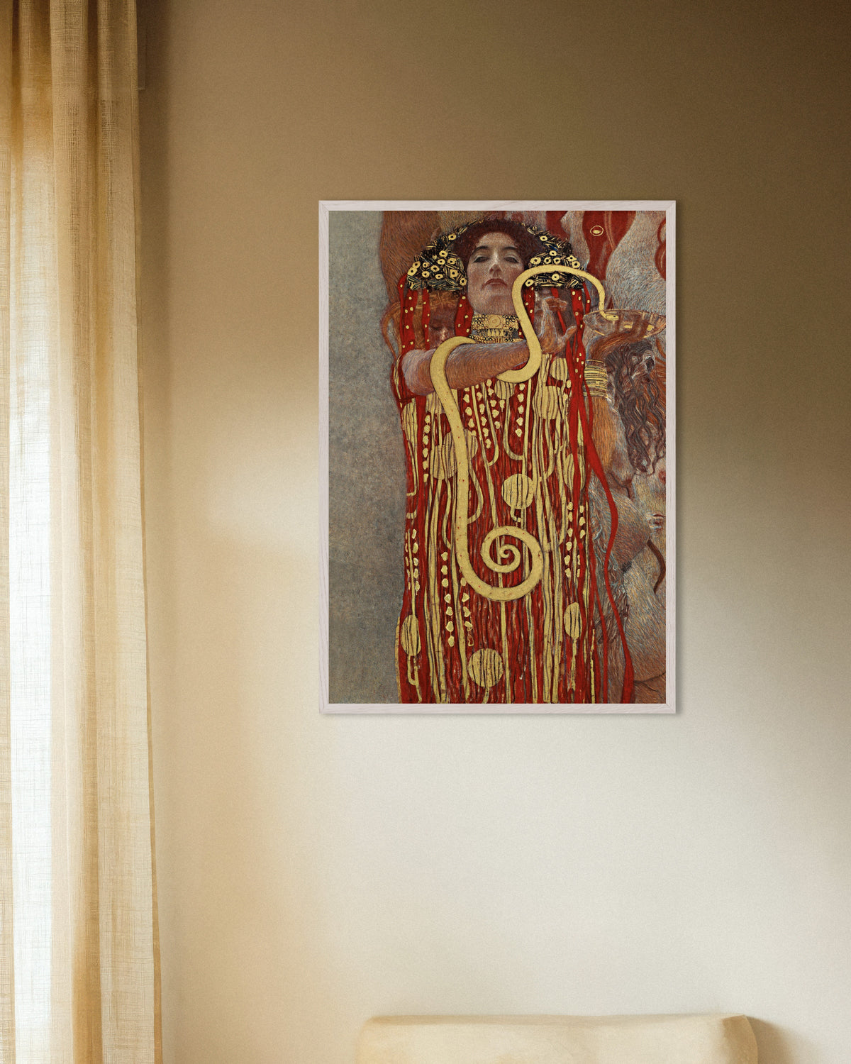 Plakat Hygieia, detalje af Medicinen (1907) af Gustav Klimt med hvid træramme