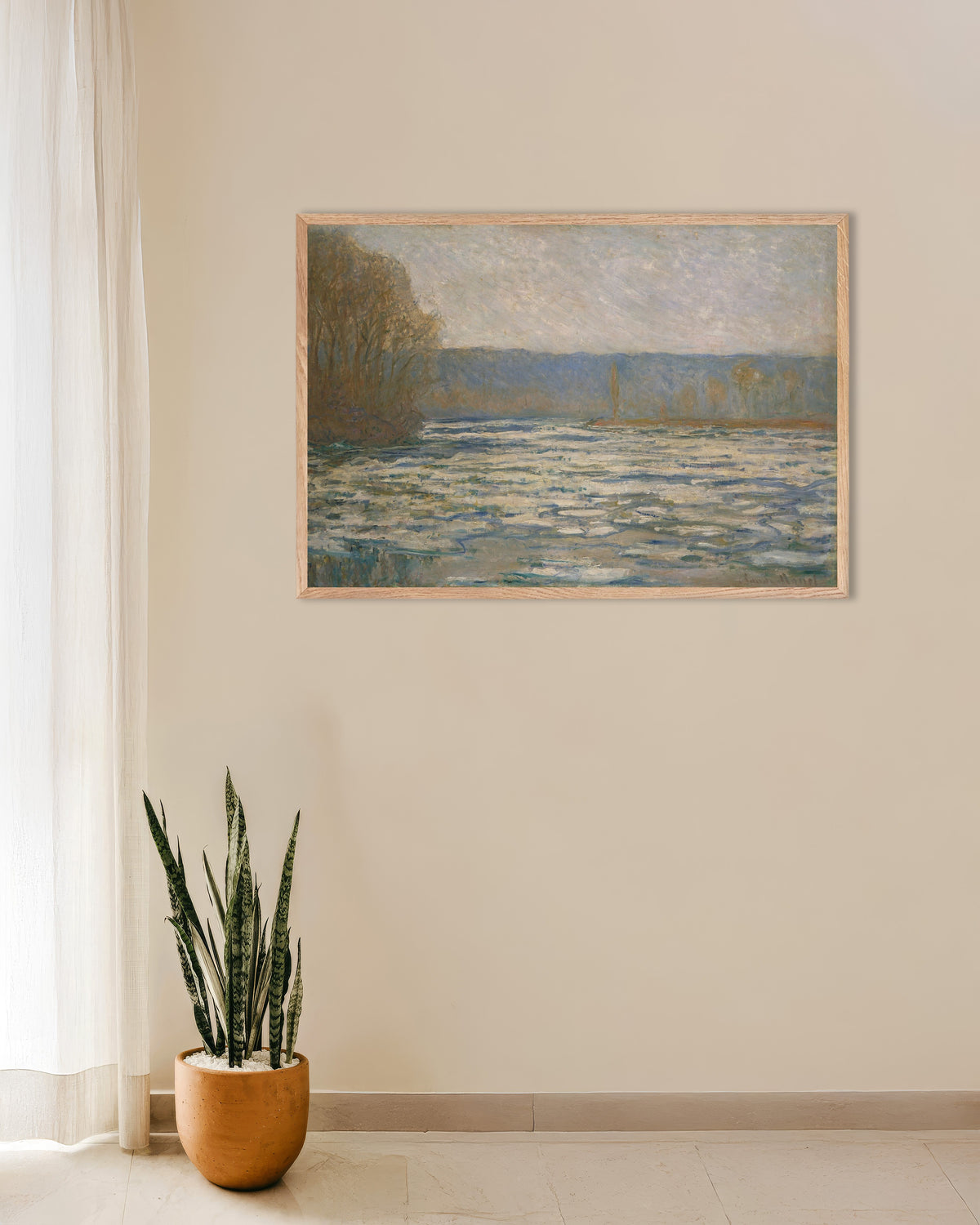 Plakat Islæg bryder op på Seinen ved Bennecourt (1893) af Claude Monet med ramme i naturtræ