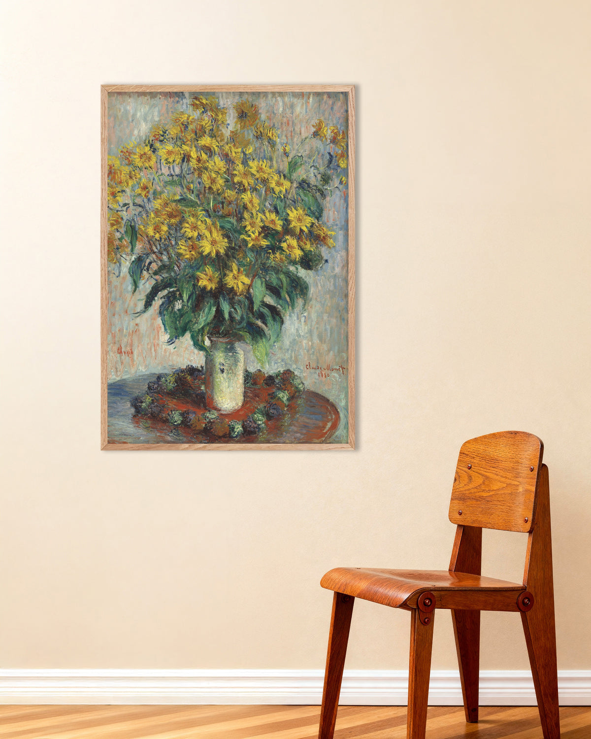 Plakat Jordskokblomster (1880) af Claude Monet med ramme i naturtræ