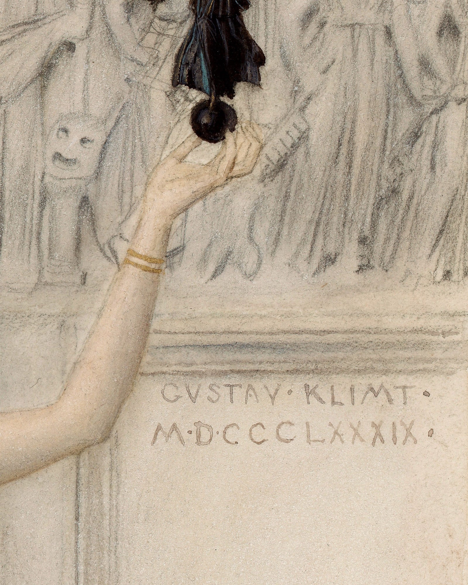 Artistic depiction of a hand holding a black object with a decorative background, featuring the name 'Gustav Klimt' and the year '1889'.