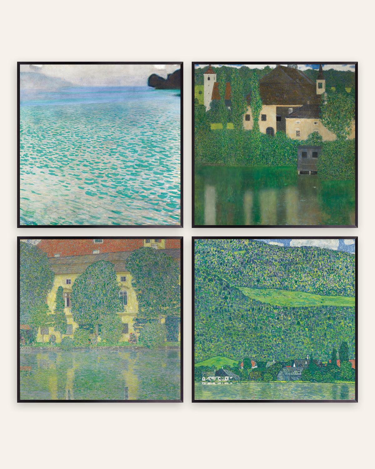 Klimt-plakater, sæt med 4: Attersee, Vandslottet, Schloss Kammer og Litzlberg, i sorte metalrammer
