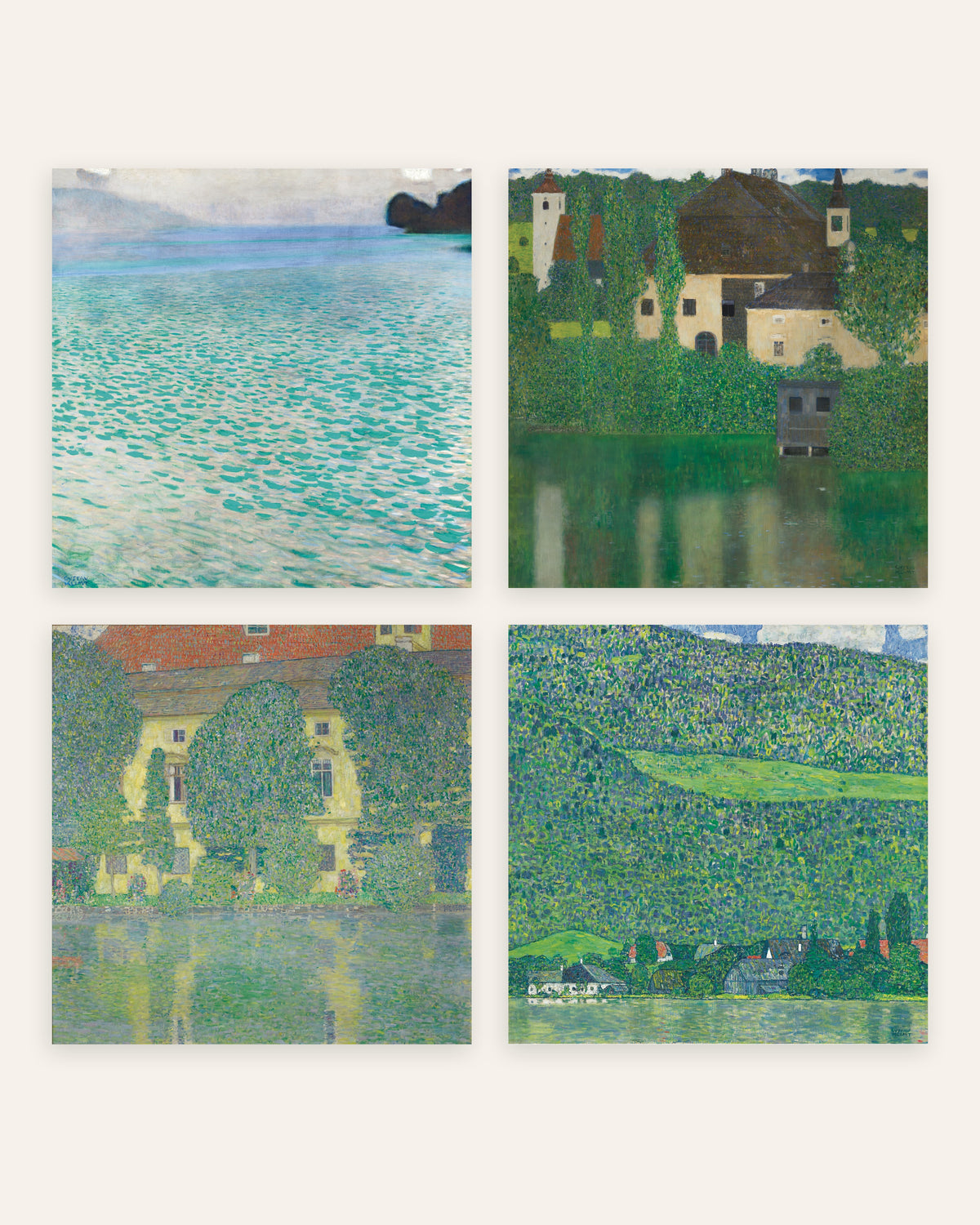 Klimt-plakater, sæt med 4: Attersee, Vandslottet, Schloss Kammer og Litzlberg, uden ramme