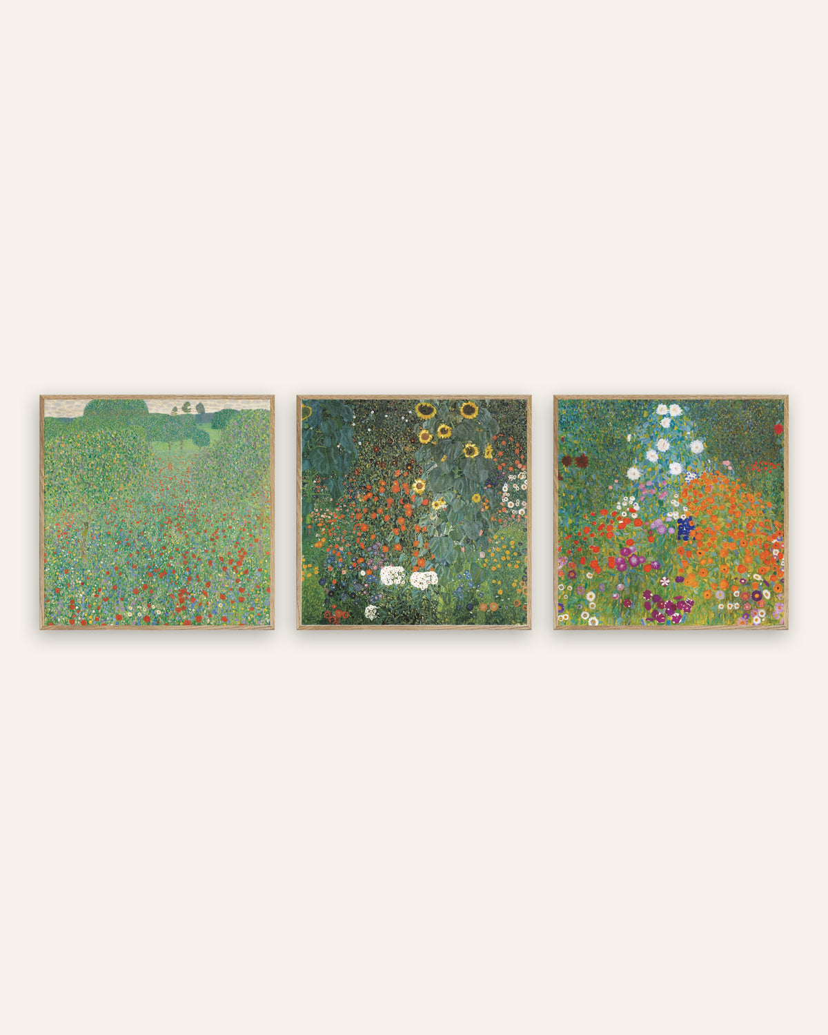 Klimt-plakater, sæt med 3: Valmuemark, Bondehave med solsikker og Bondehave, i rammer af natureg