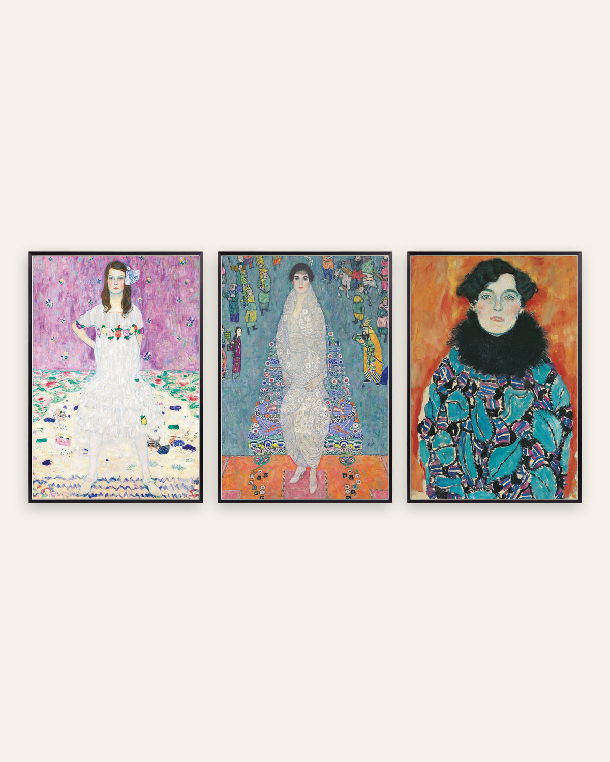 Klimt-plakater, sæt med 3 portrætter: Mäda Primavesi, Elisabeth Lederer og Johanna Staude, i sorte metalrammer