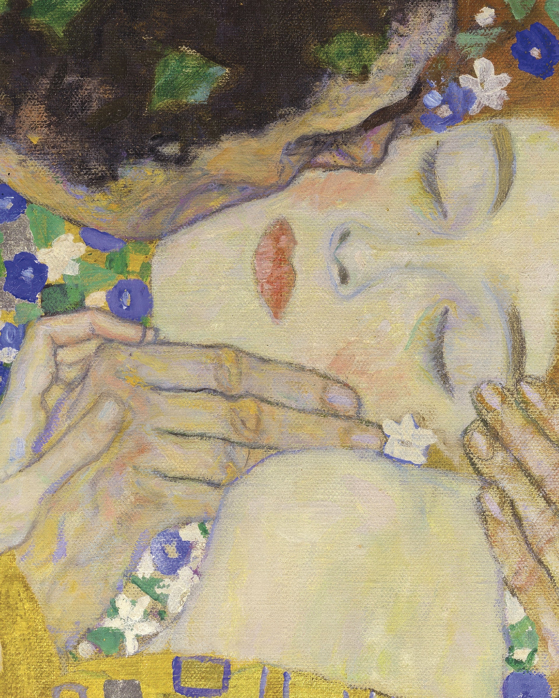Artistic depiction of a face with flowers in hair and hands, by Gustav Klimt