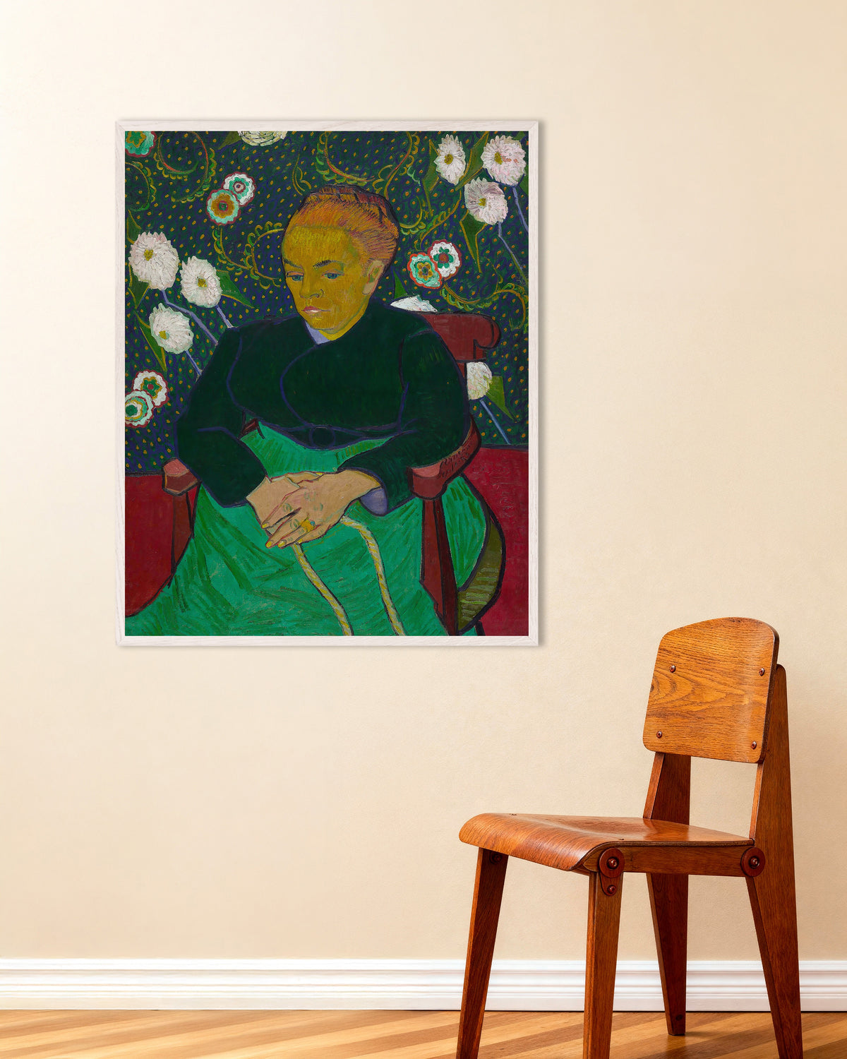 Poster af La Berceuse, Madame Roulin vugger vuggen (1889) af Vincent van Gogh, med hvid træramme